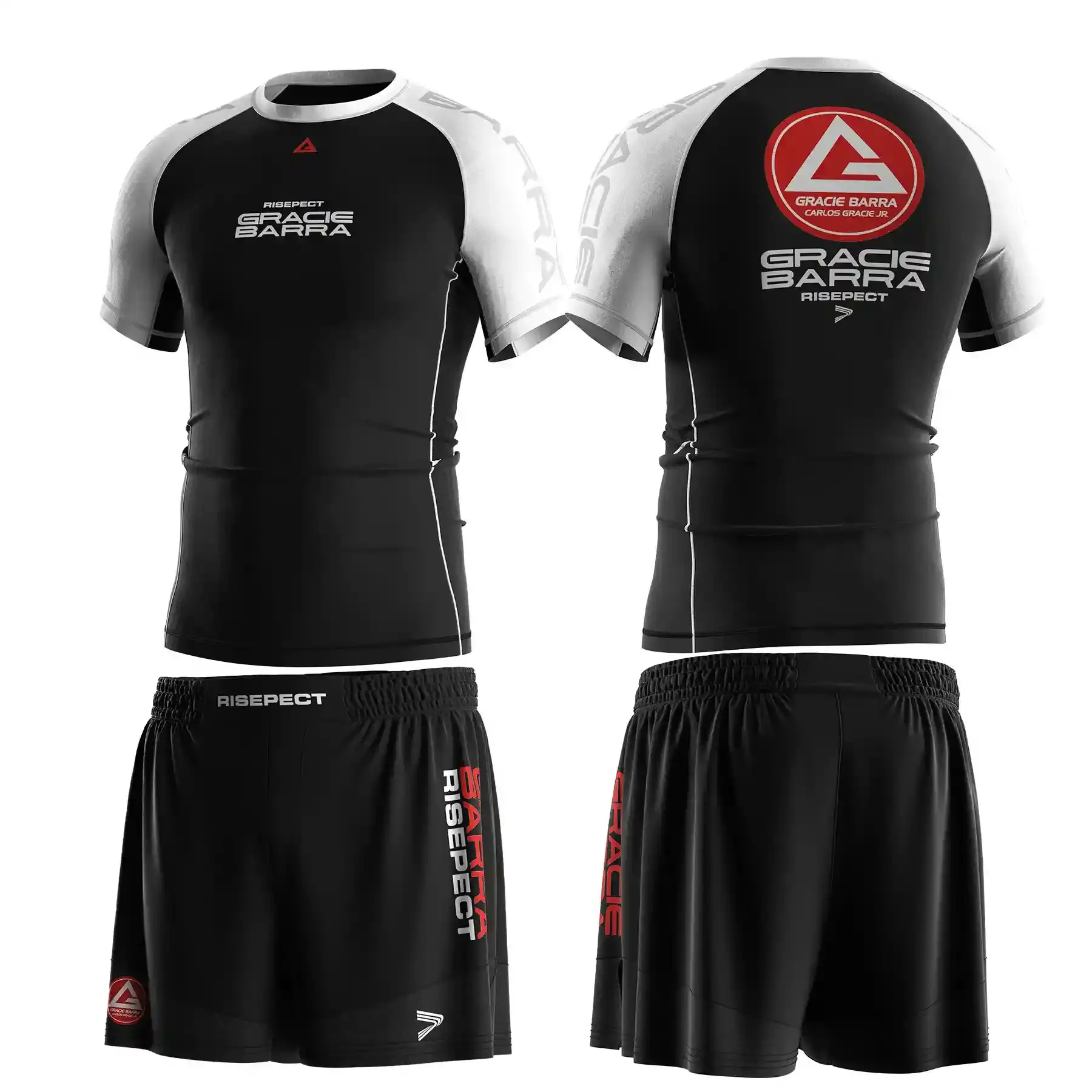 The Front and Back of Black Belt White Gracie Barra BJJ Set Rashguard & Shorts