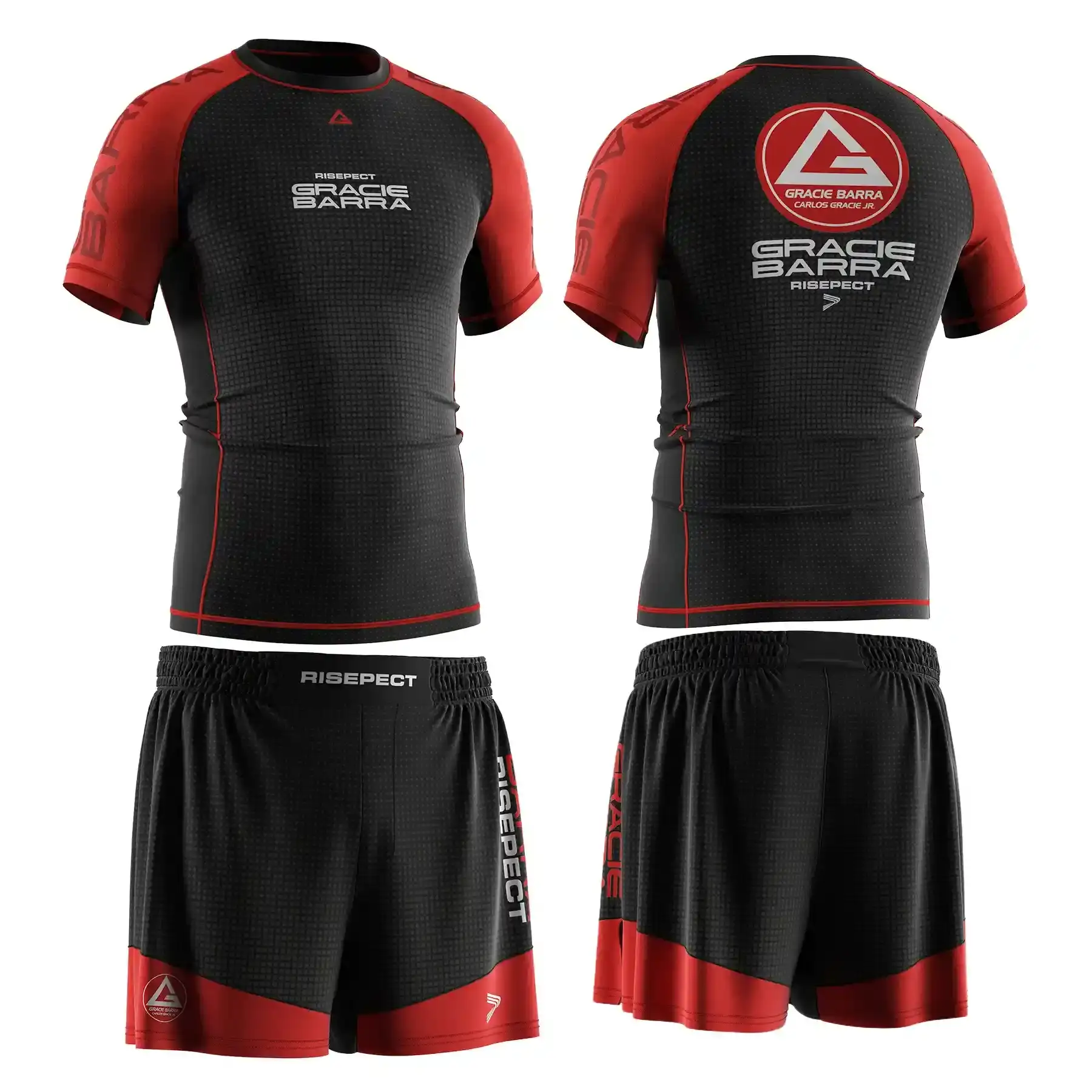 The Front and Back of Black Belt Red Gracie Barra BJJ Set Rashguard & Shorts With Checkered Pattern