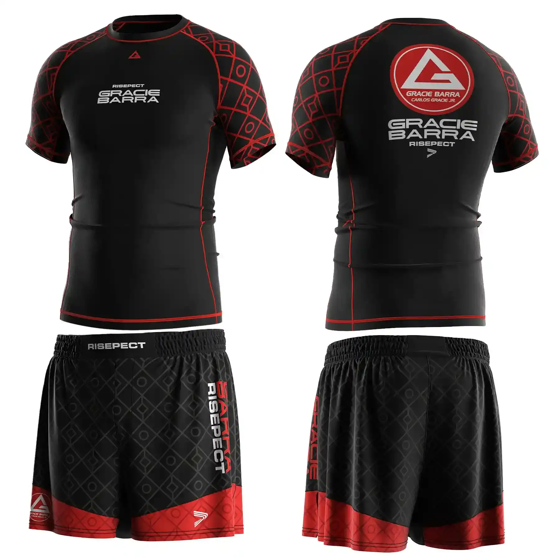 The Front and Back of Black Belt Red Gracie Barra BJJ Set Rashguard & Shorts With Tribal Geometric Patterns