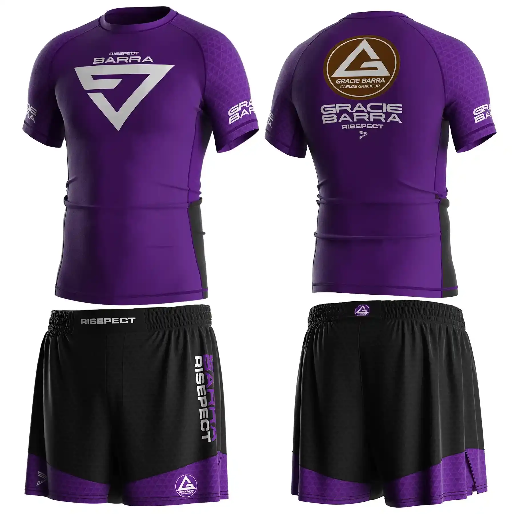 The Front and Back of Purple Belt Black Gracie Barra Jiujitsu Rash Guard & Shorts Ranked Set