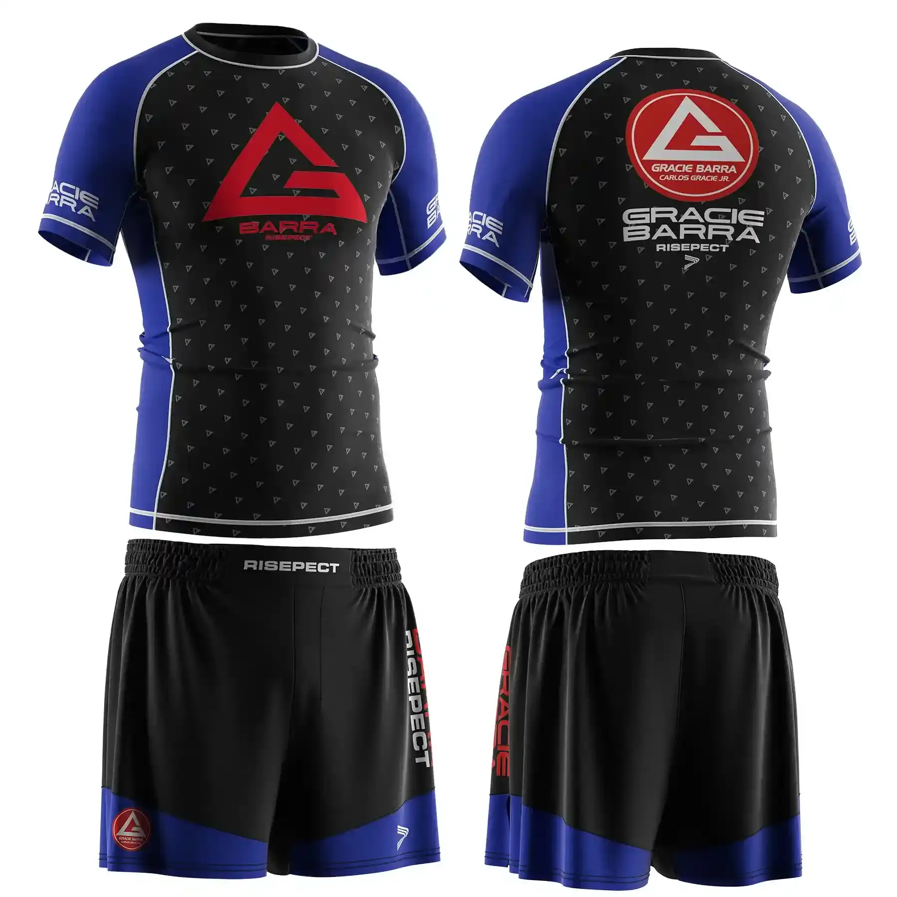 The Front and Back of Black Belt Blue Gracie Barra Jiujitsu Rash Guard & Shorts Ranked Set