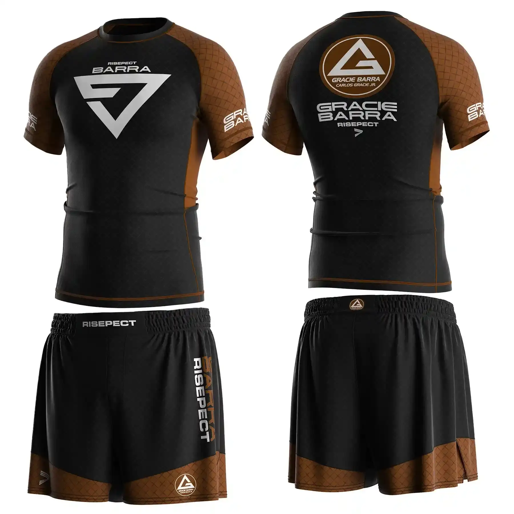 The Front and Back of Black Belt Brown Gracie Barra Jiujitsu Rash Guard & Shorts Ranked Set