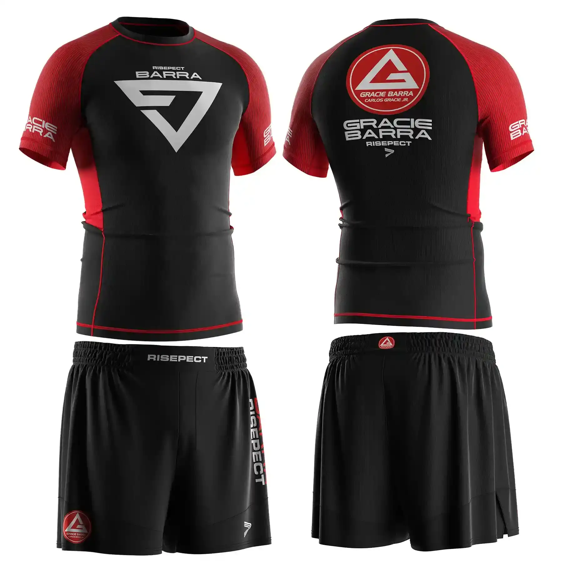The Front and Back of Black Belt Red Gracie Barra Jiujitsu Rash Guard & Shorts Ranked Set