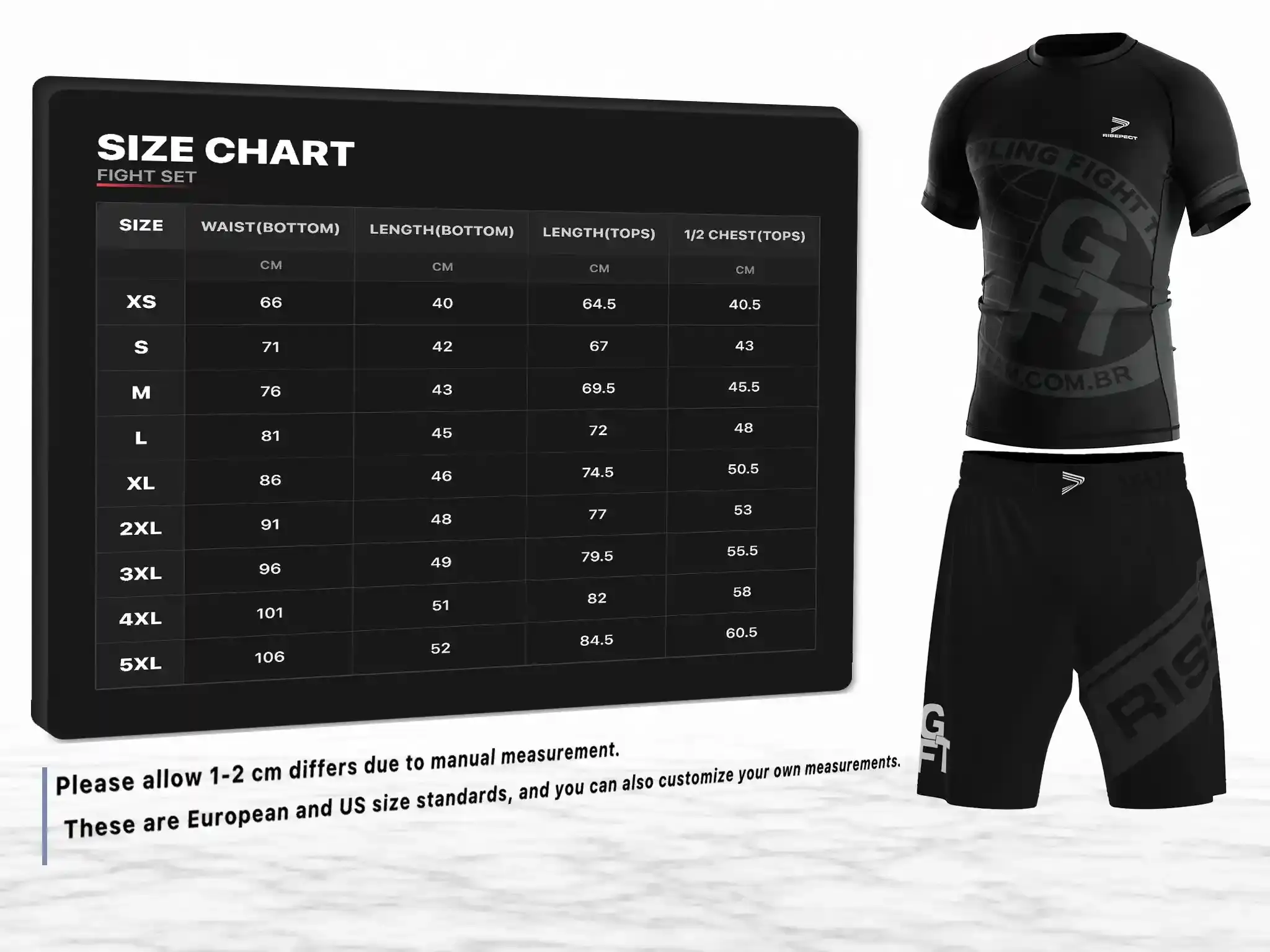 Use grappling fight team nogi set rash guard and shorts men's sizes chart provided by Rise Sportswear, or custom your own brand, team, or club men's sizes chart for grappling fight team nogi set rash guard and shorts.