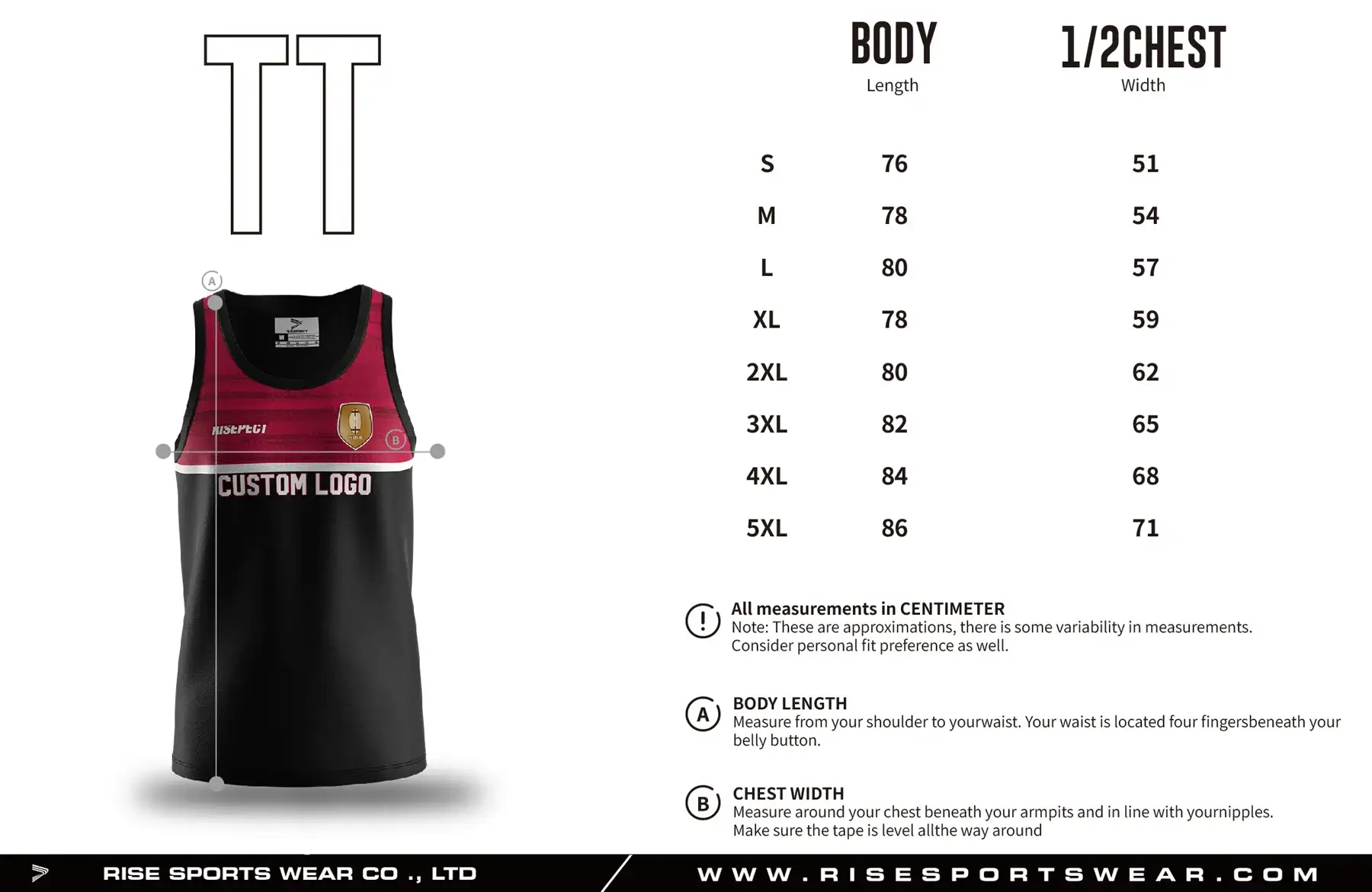Use adult rugby tank top/vest/singlet sizes chart provided by Rise Sportswear, or custom your own brand/club/team adult sizes chart for rugby tank top/vest/singlet.