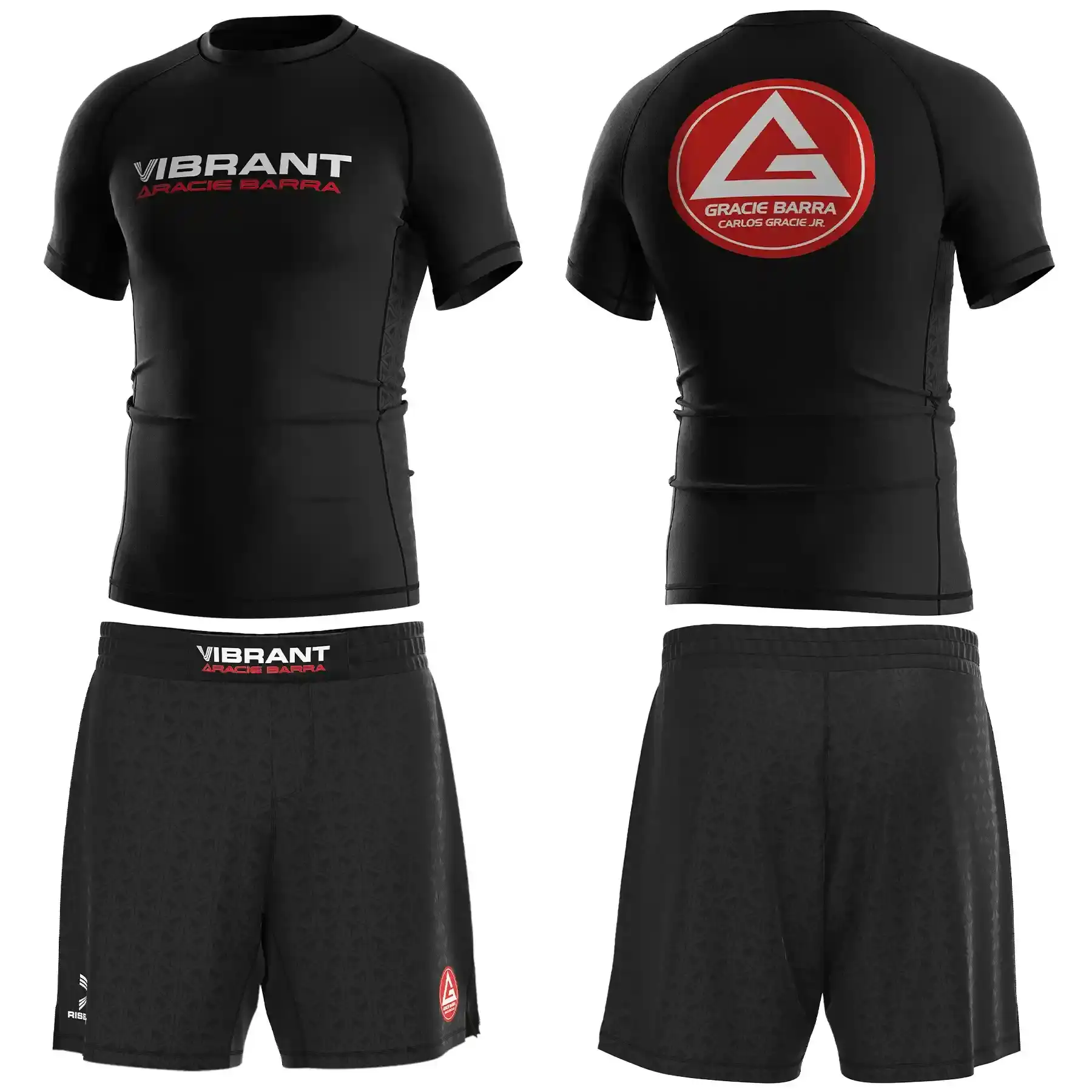 The Front and Back of Gracie Barra BJJ Black Rank Rash Guard (Red & White Logo) with Matching Red and White Logo Shorts