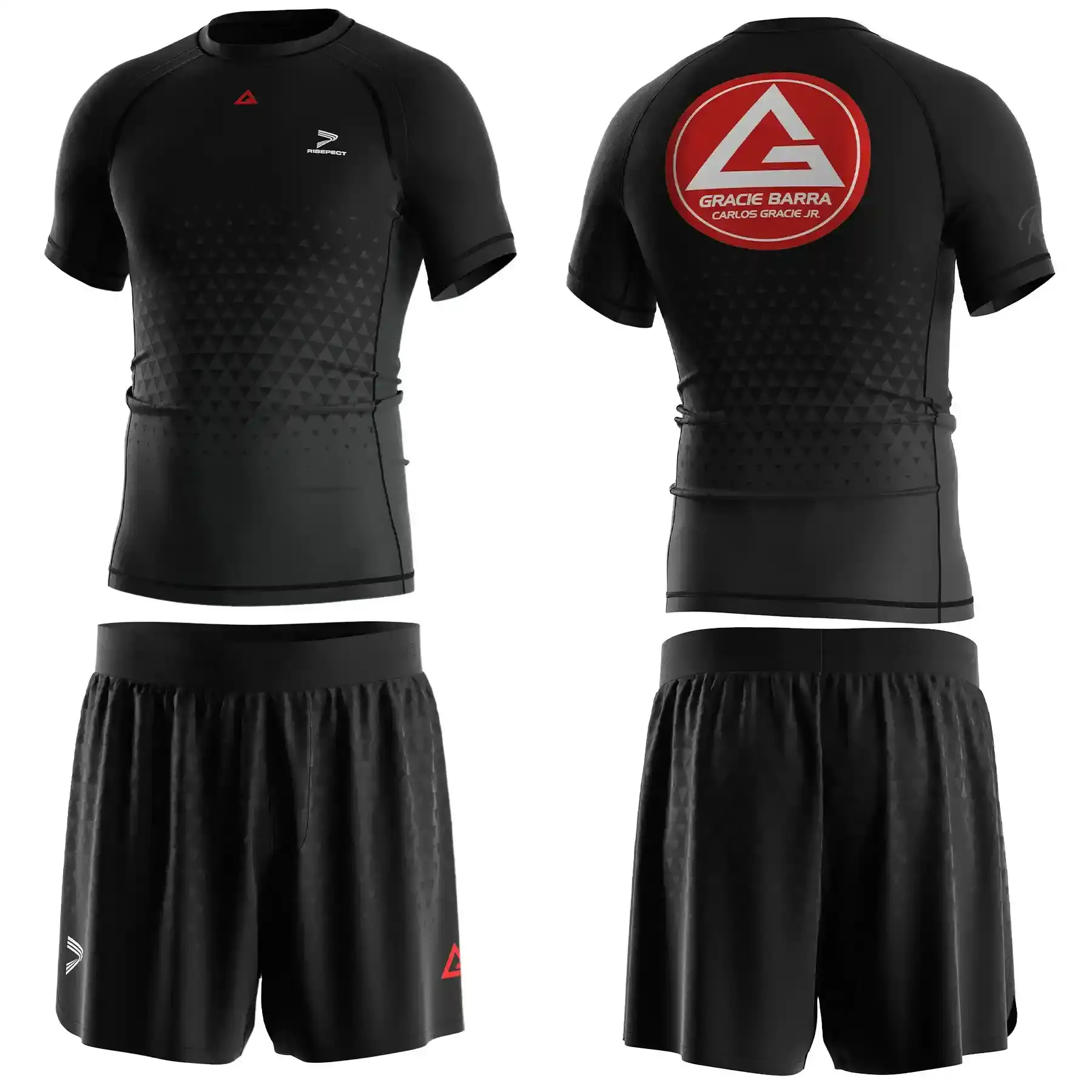 The Front and Back of Gracie Barra BJJ Black Rank Rash Guard (Red & White Logo, and Triangle Symbol Decoration) with Matching Red Logo Shorts With Triangle Symbol Decoration.