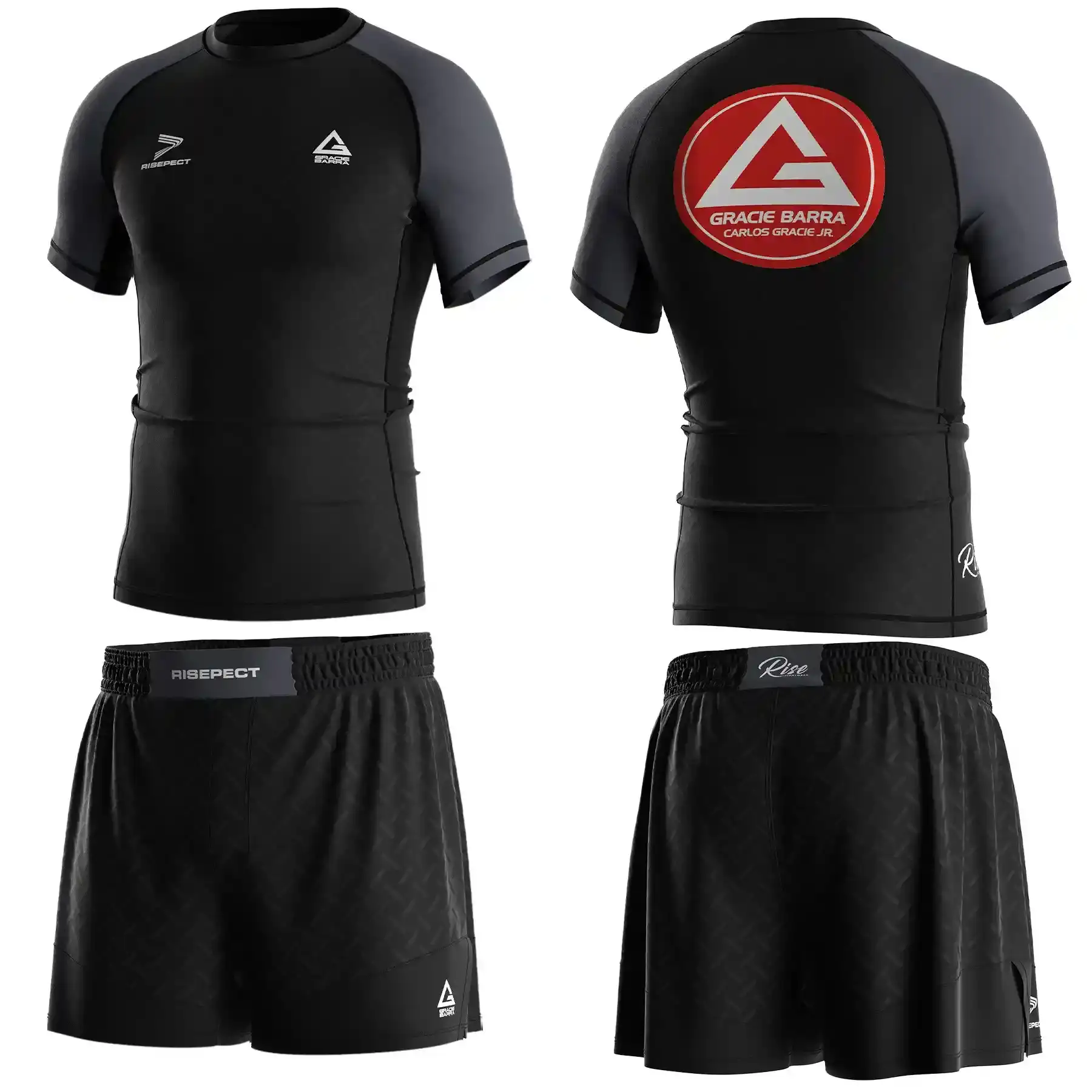 The Front and Back of Gracie Barra BJJ Black Rank Rash Guard (Grey Sleeves, White Logo, and Herringbone Pattern) with Matching White Logo Shorts