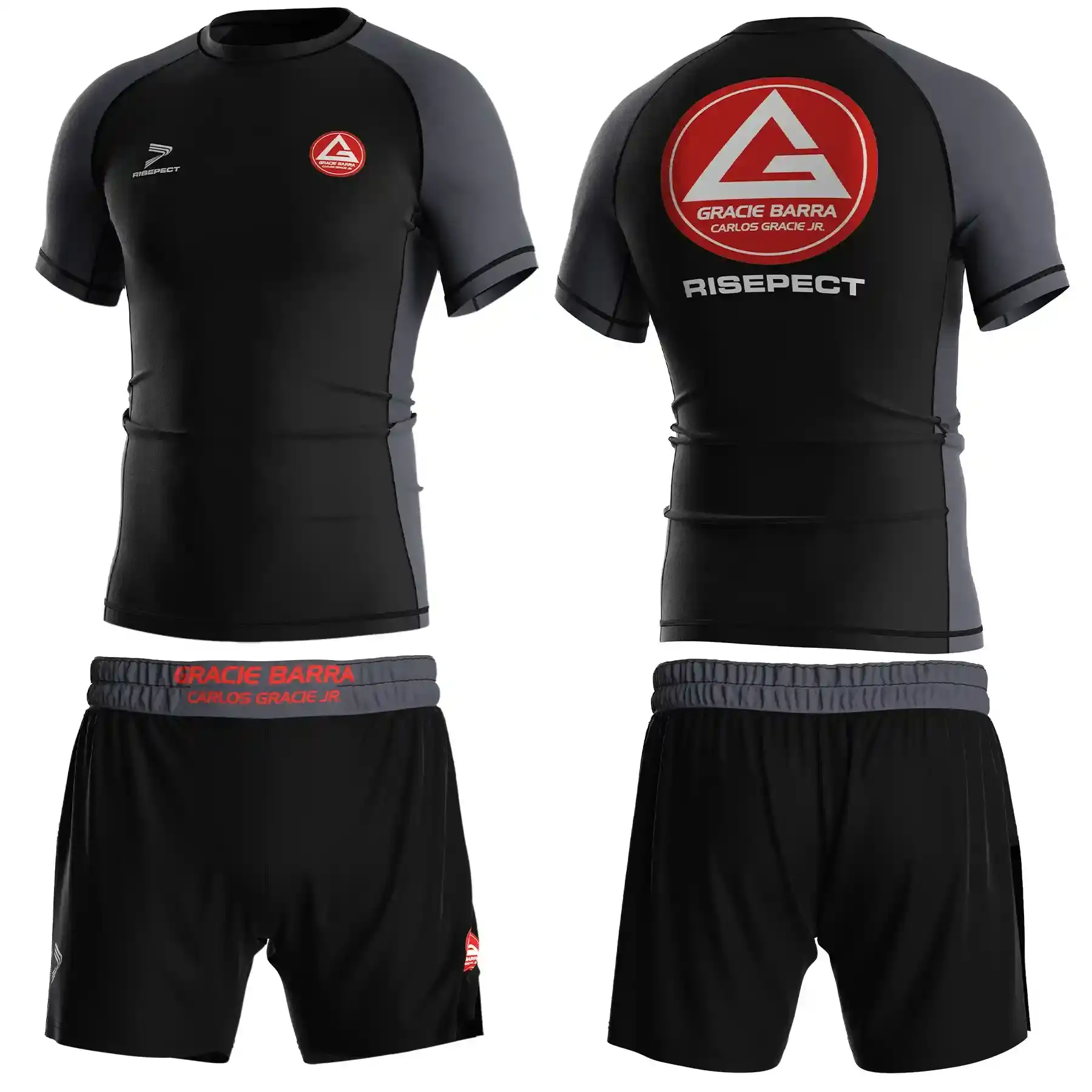 The Front and Back of Gracie Barra BJJ Black Rank Rash Guard (Grey Sides & Sleeves) with Matching Grey-Waist Shorts