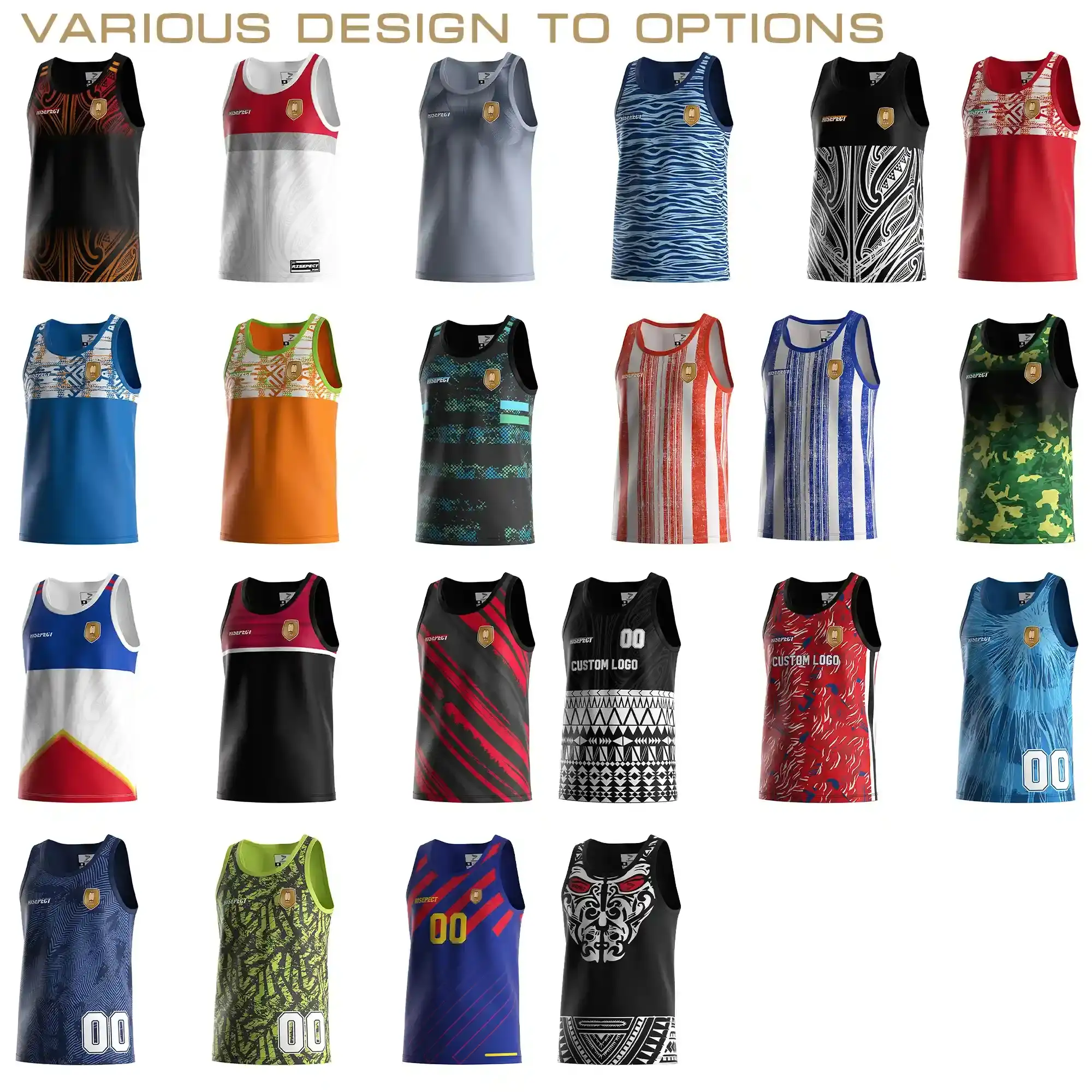 Various design to options: 22 styles rugby tank top/vest/singlet