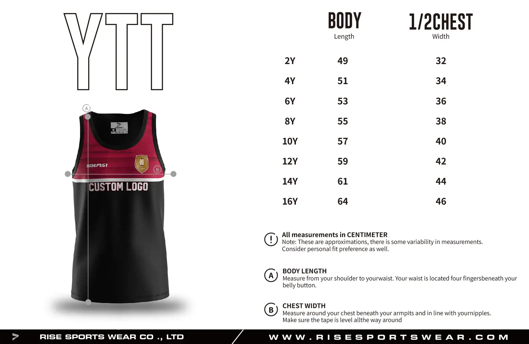 Use youth rugby tank top/vest/singlet sizes chart provided by Rise Sportswear, or custom your own brand/club/team youth sizes chart for rugby tank top/vest/singlet.