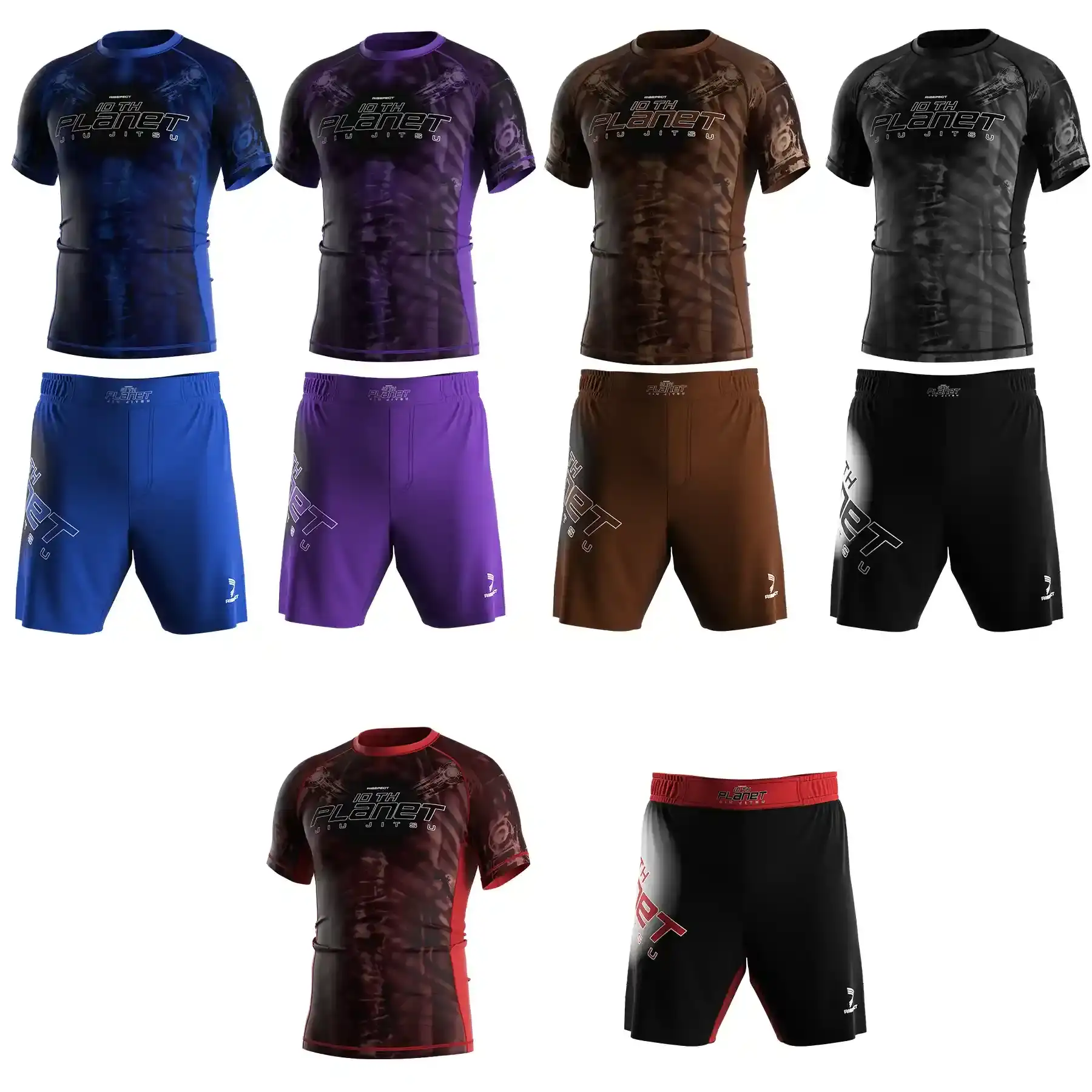 10th Planet BJJ Sublimated Rash Guard & Shorts Set, 5 colors matching No Gi BJJ set, blue/purple/brown/black-gray/black-red colorsway options