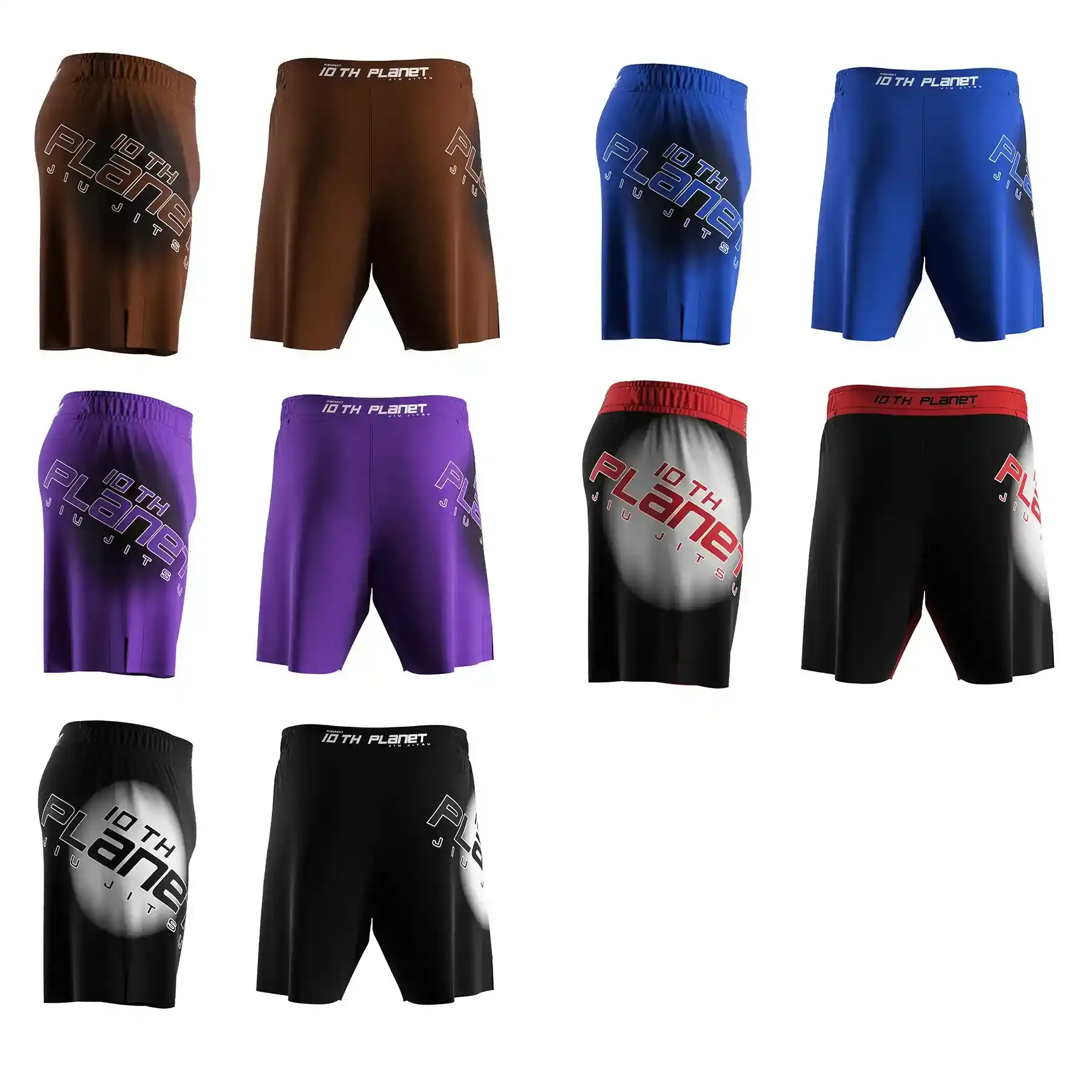 The side view and back view of 5 10th Planet BJJ Sublimated Shorts