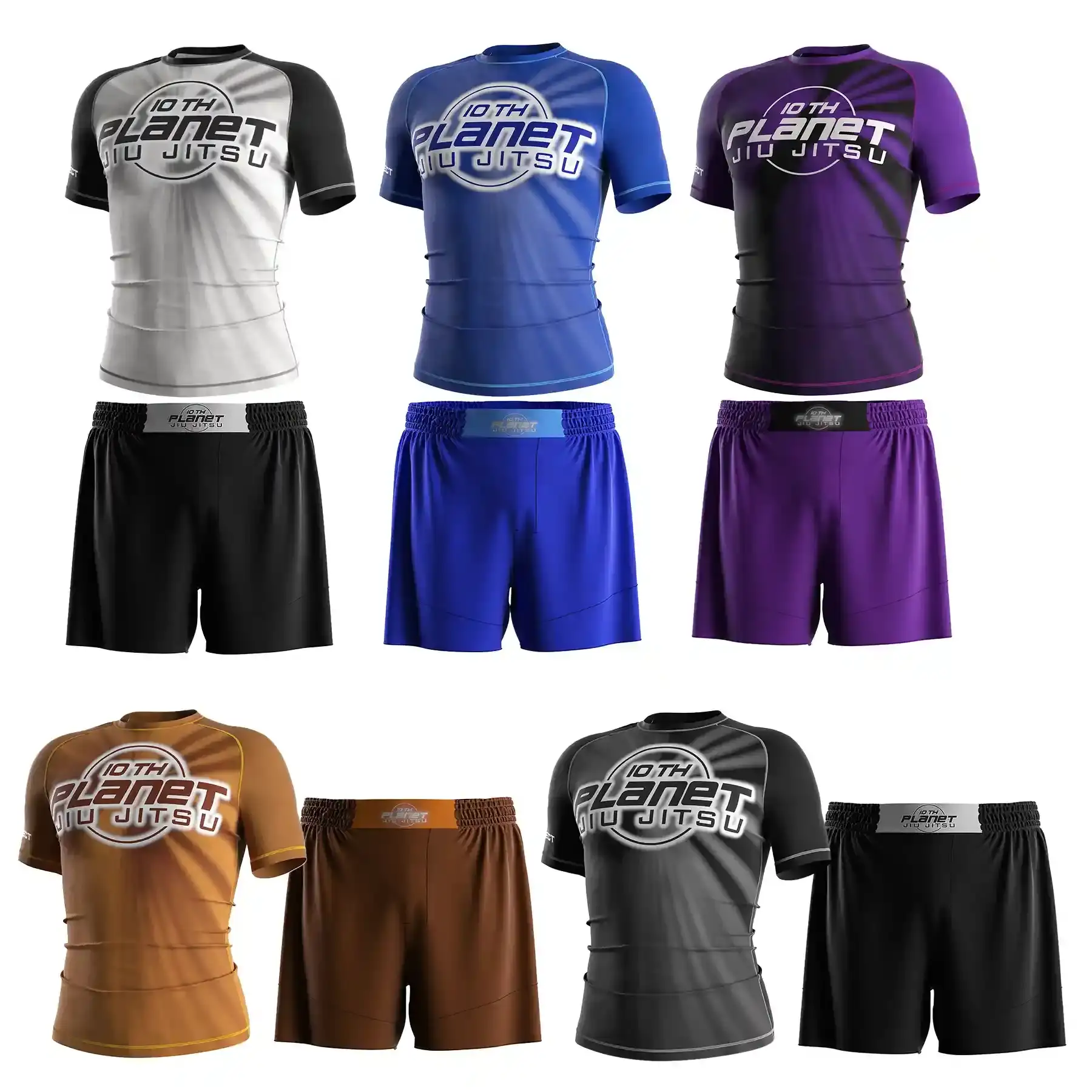 Custom 10th Planet Jiujitsu Sublimated fight shorts design with dynamic gradient graphics in red, blue, purple, brown, and black