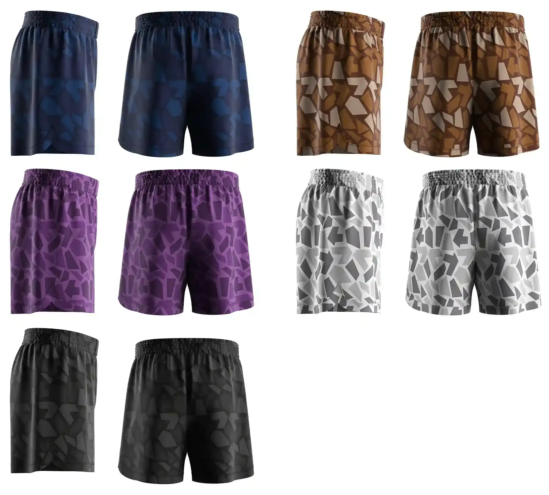 5 colors Alliance jiu-jitsu sublimated fight shorts side view and back view