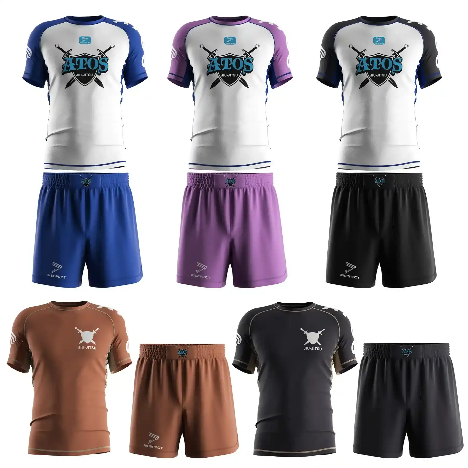 5 colors atos jiu-jitsu sublimated rash guard and shorts