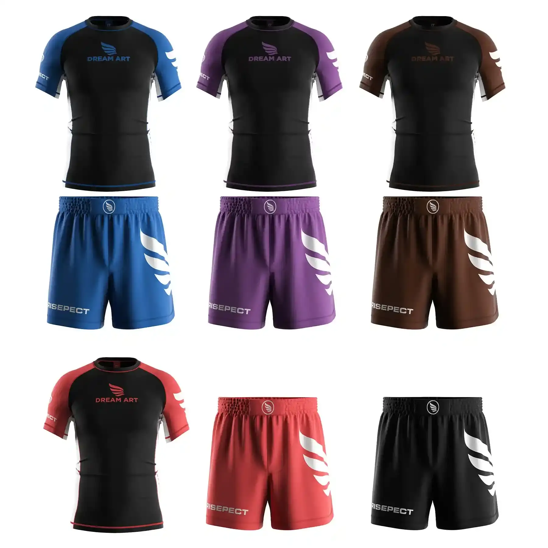 4 colors dream art jiujitsu sublimated rash guard and shorts set