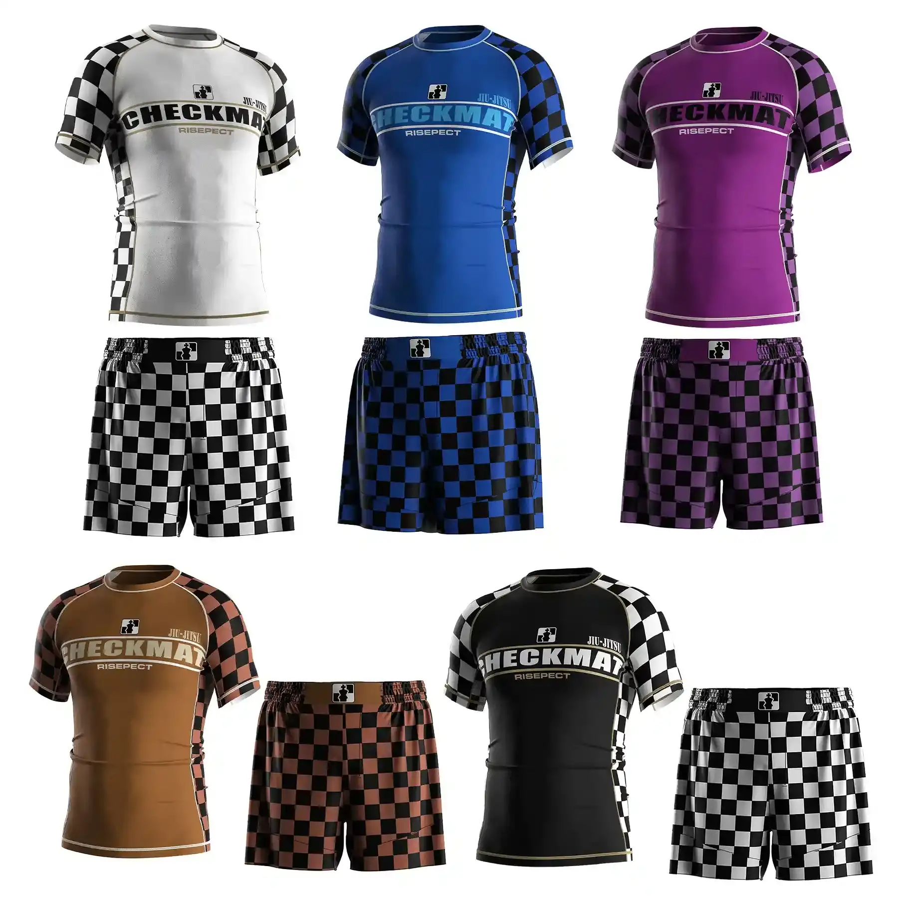 5 colors custom checkmat jiujitsu sublimated rash guard and shorts set