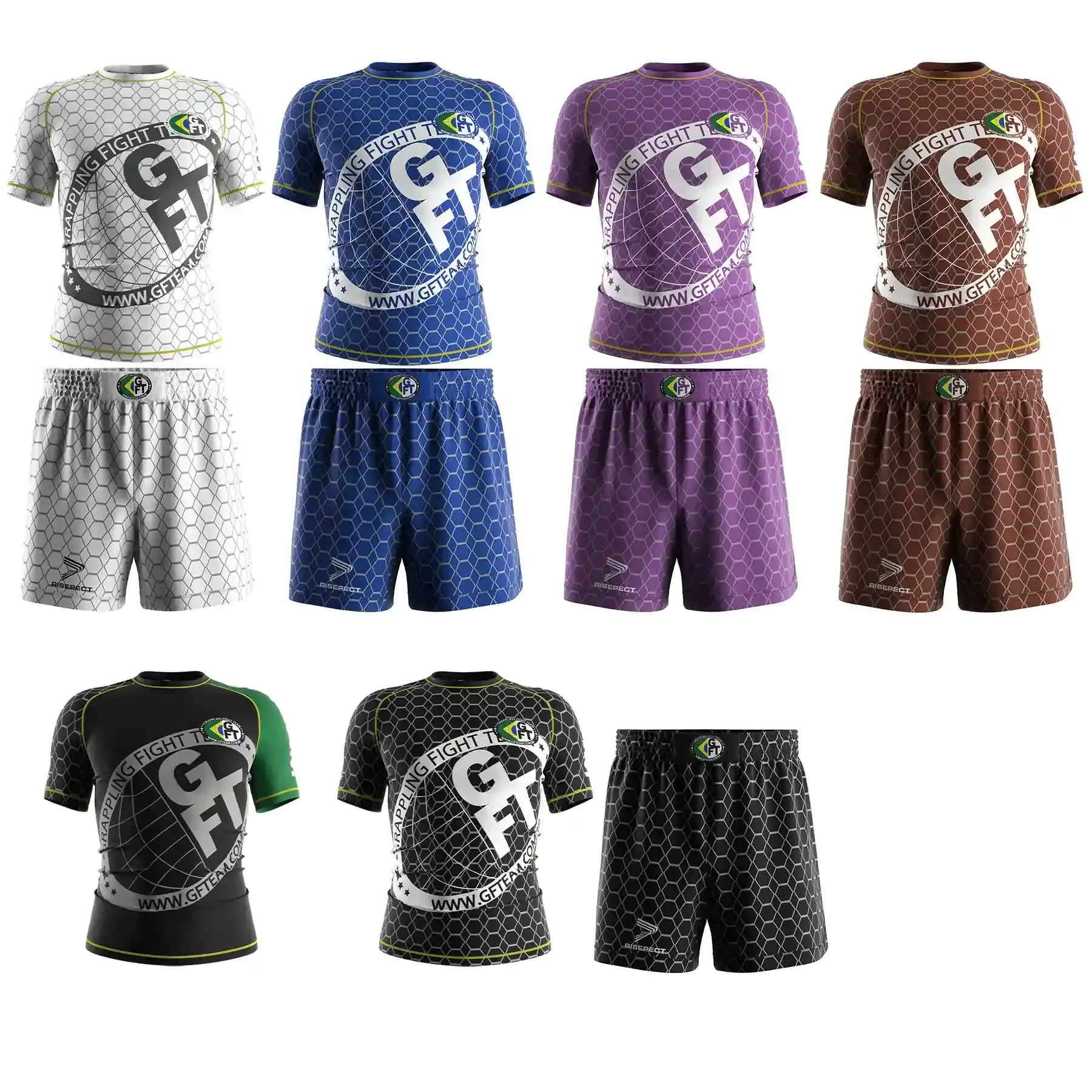 5 colors custom GFTeam honeycomb no gi bjj rash guard and fight shorts set