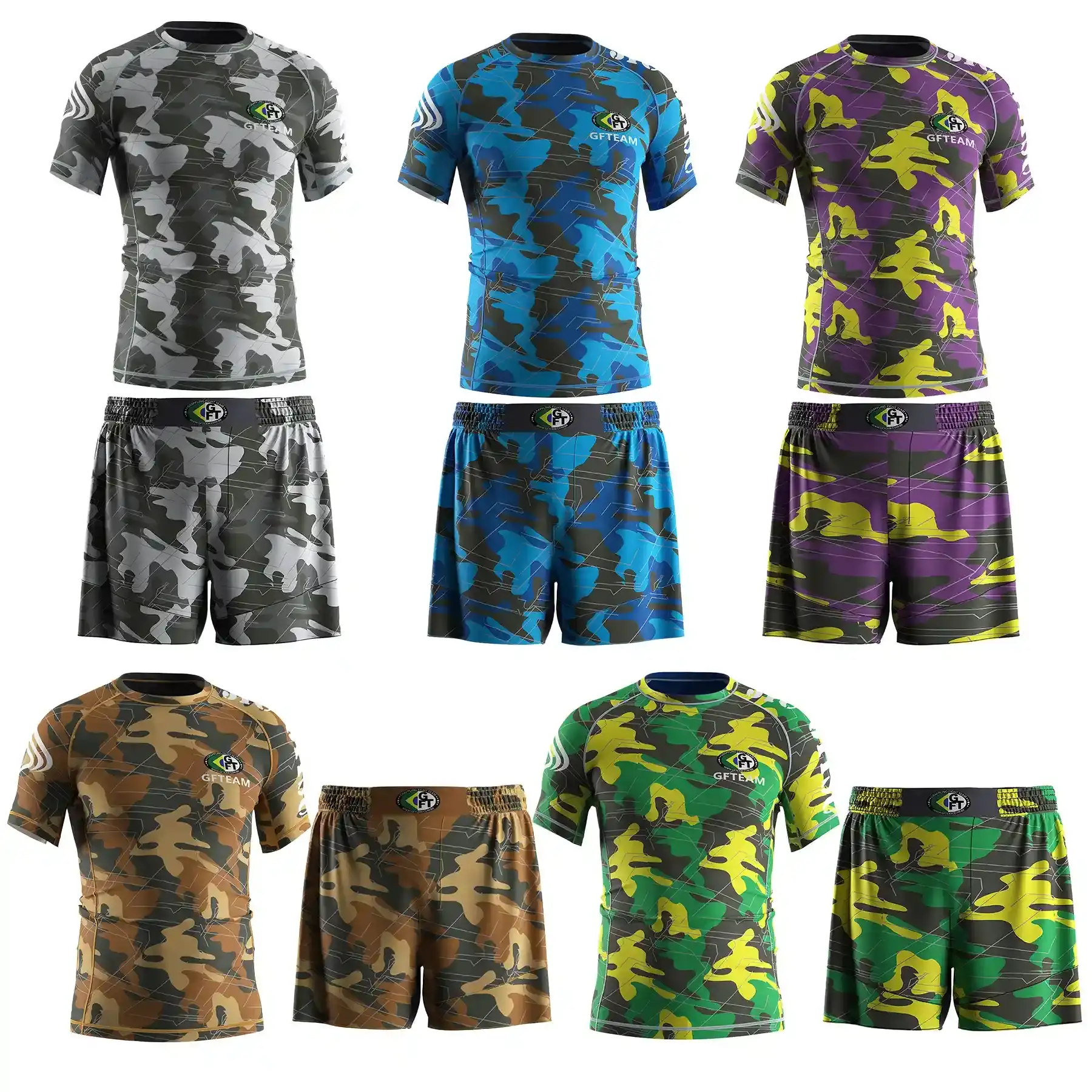 5 colors GFTeam camo nogi bjj rashguard and grappling shorts set for club and team