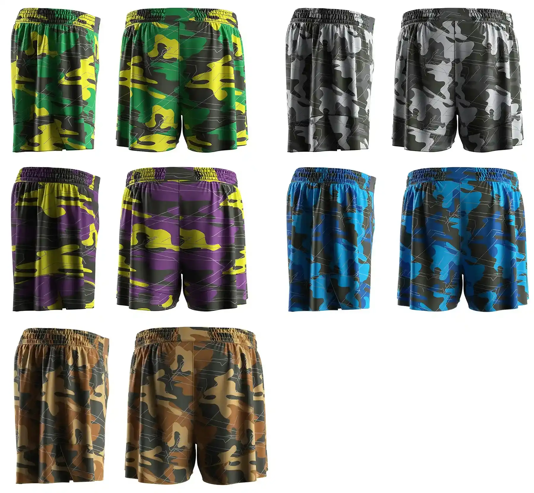 The side and back view of GFTeam camouflage nogi bjj grappling shorts for club and team