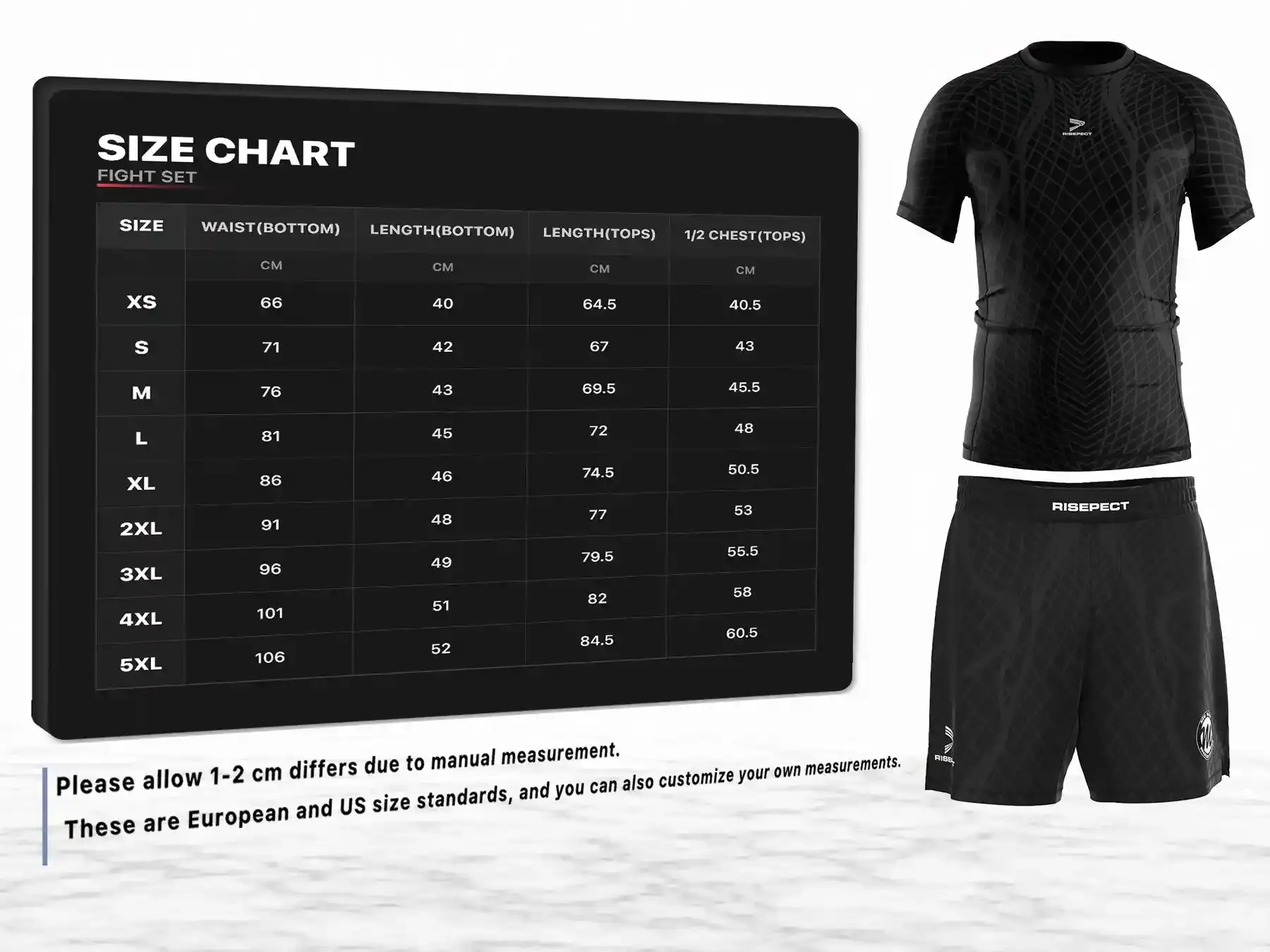 Use men's New Wave BJJ set rash guard and shorts sizes chart provided by Rise Sportswear, or custom your own brand, club, or team men's sizes chart for New Wave bjj rash guard and shorts set.