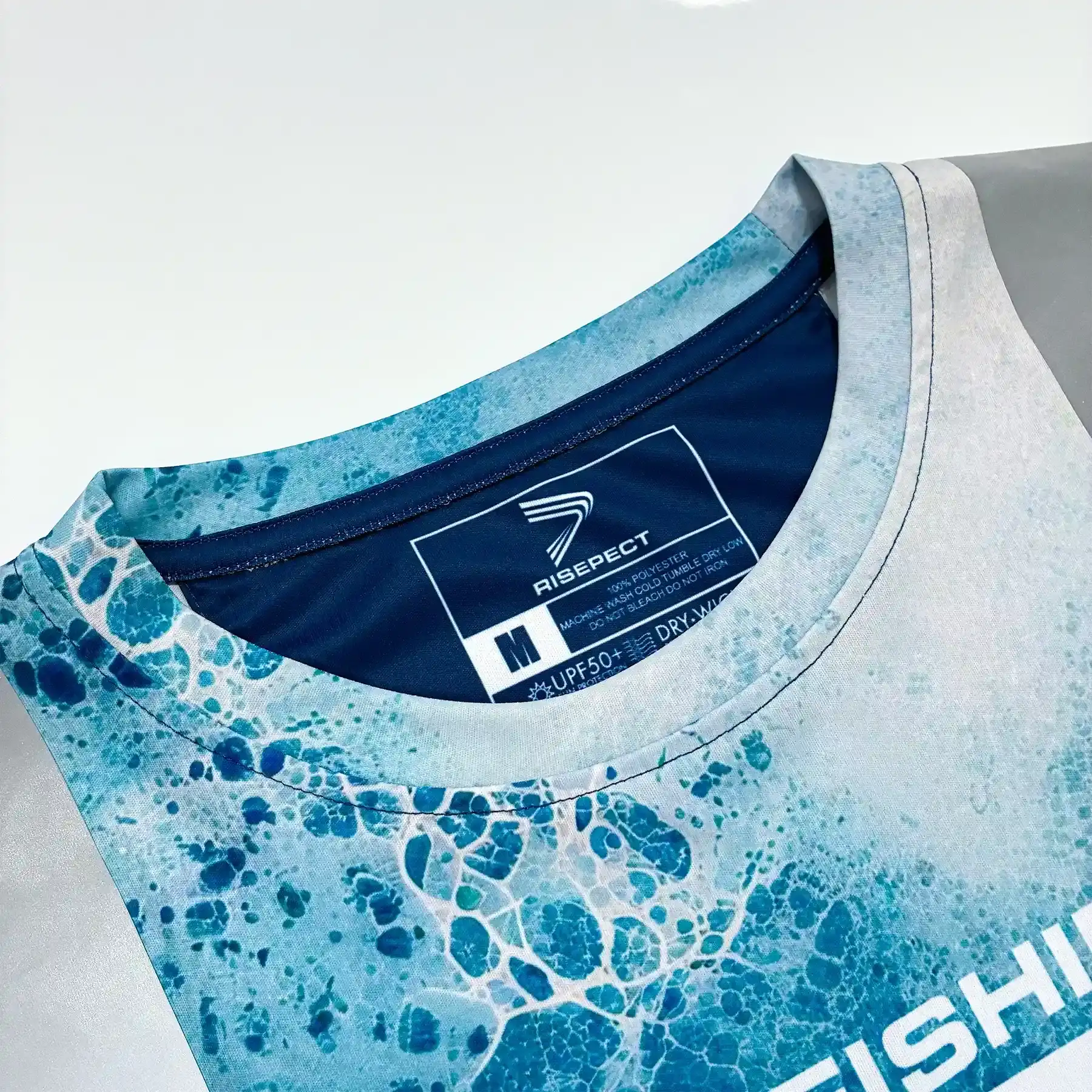The Neck Details of Custom Reflective Strip Fishing Crew Neck Long Sleeve T-Shirt Style 1