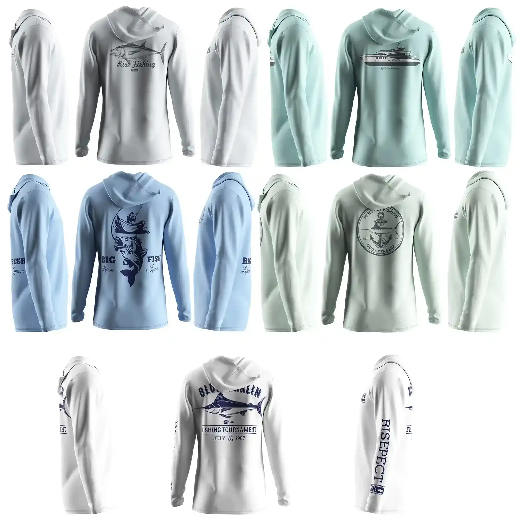 The side and back view of custom UPF100+ nylon hooded fishing shirt men's performance clothing