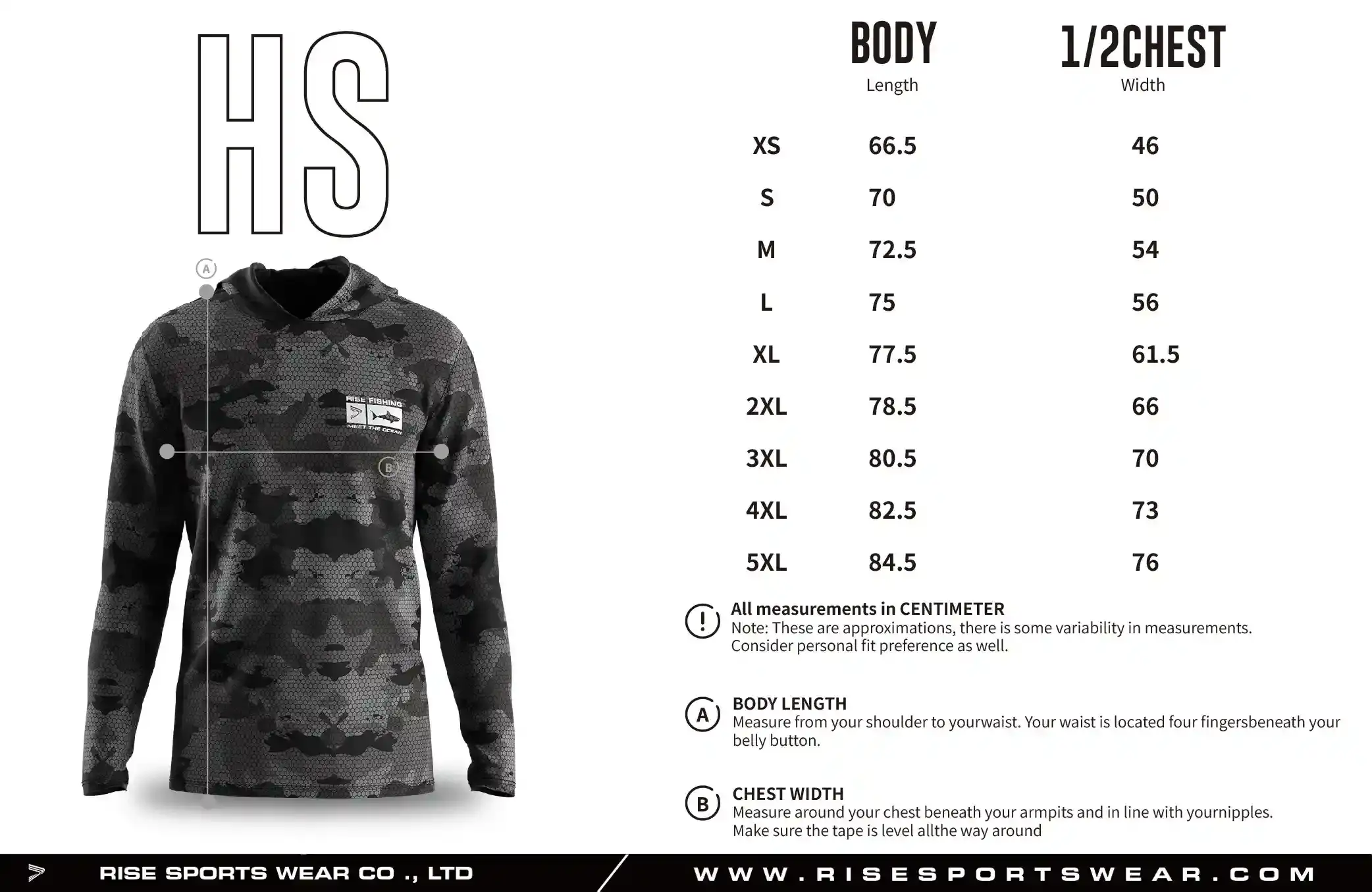 Use men's hooded fishing shirt sizes chart provided by Rise Sportswear, or custom your own brand/club/team/solution company men's sizes chart for hooded fishing shirt.