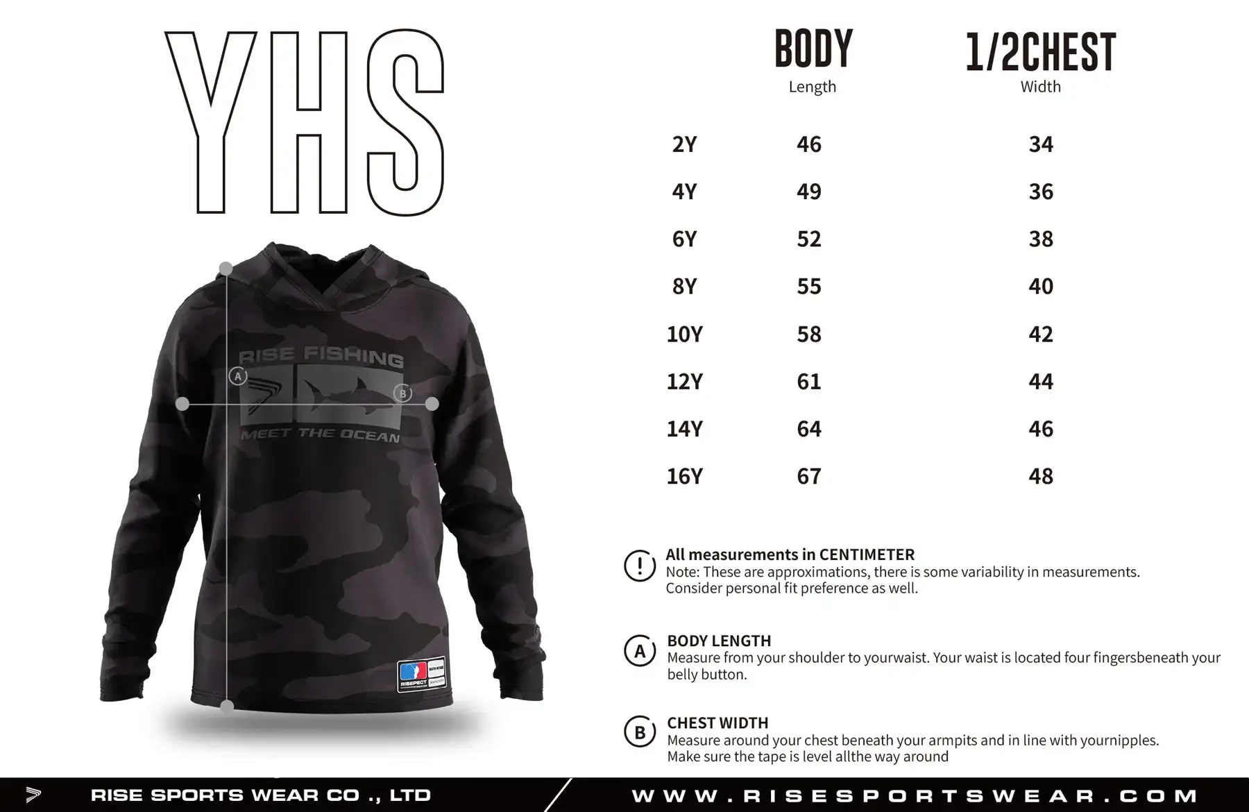Use youth hooded fishing shirt sizes chart provided by Rise Sportswear, or custom your own brand/club/team/solution company youth sizes chart for hooded fishing shirt.