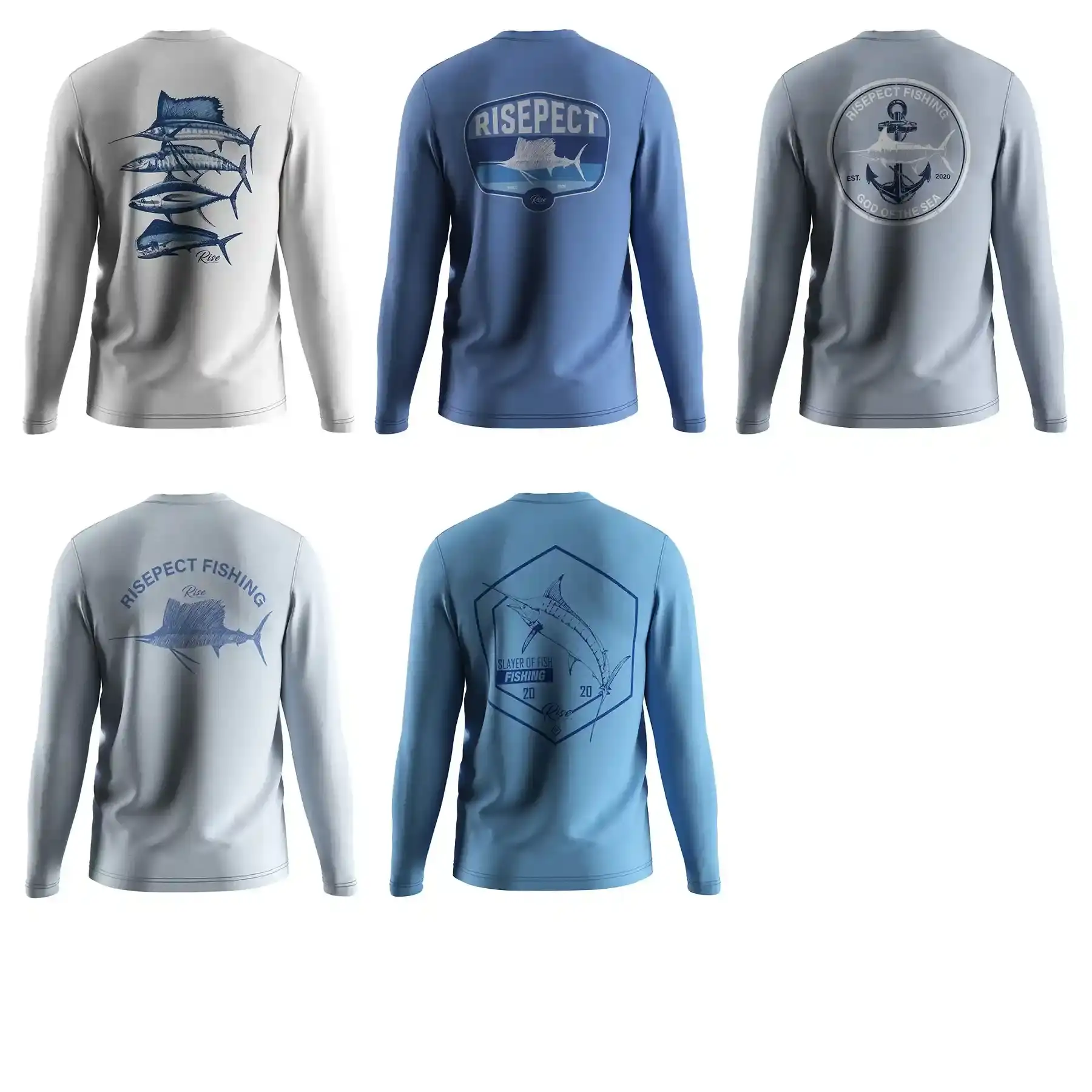 5 solid colors nylon men's fishing long sleeve shirt side and back view
