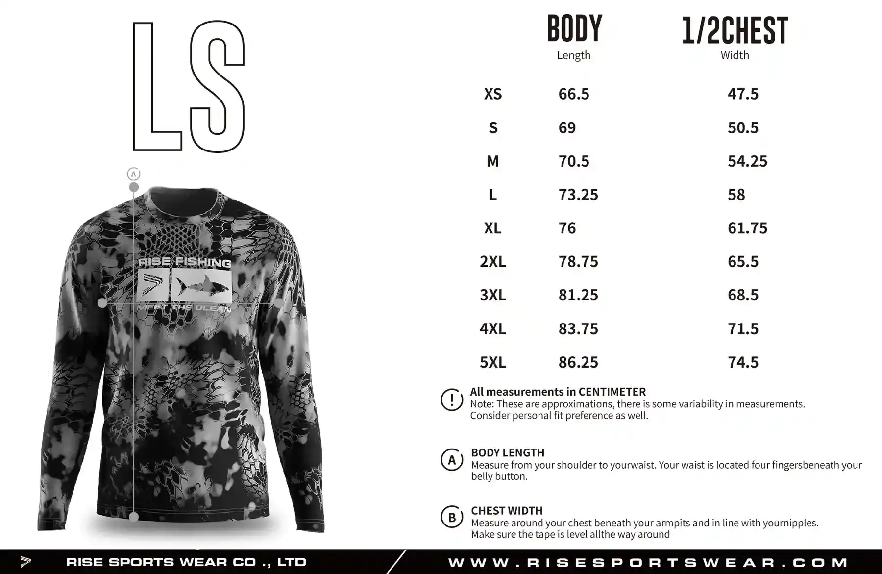 Use men's fishing long sleeve sizes chart provided by Rise Sportswear, or custom your own brand, club, team men's sizes chart for fishing long sleeve shirt.