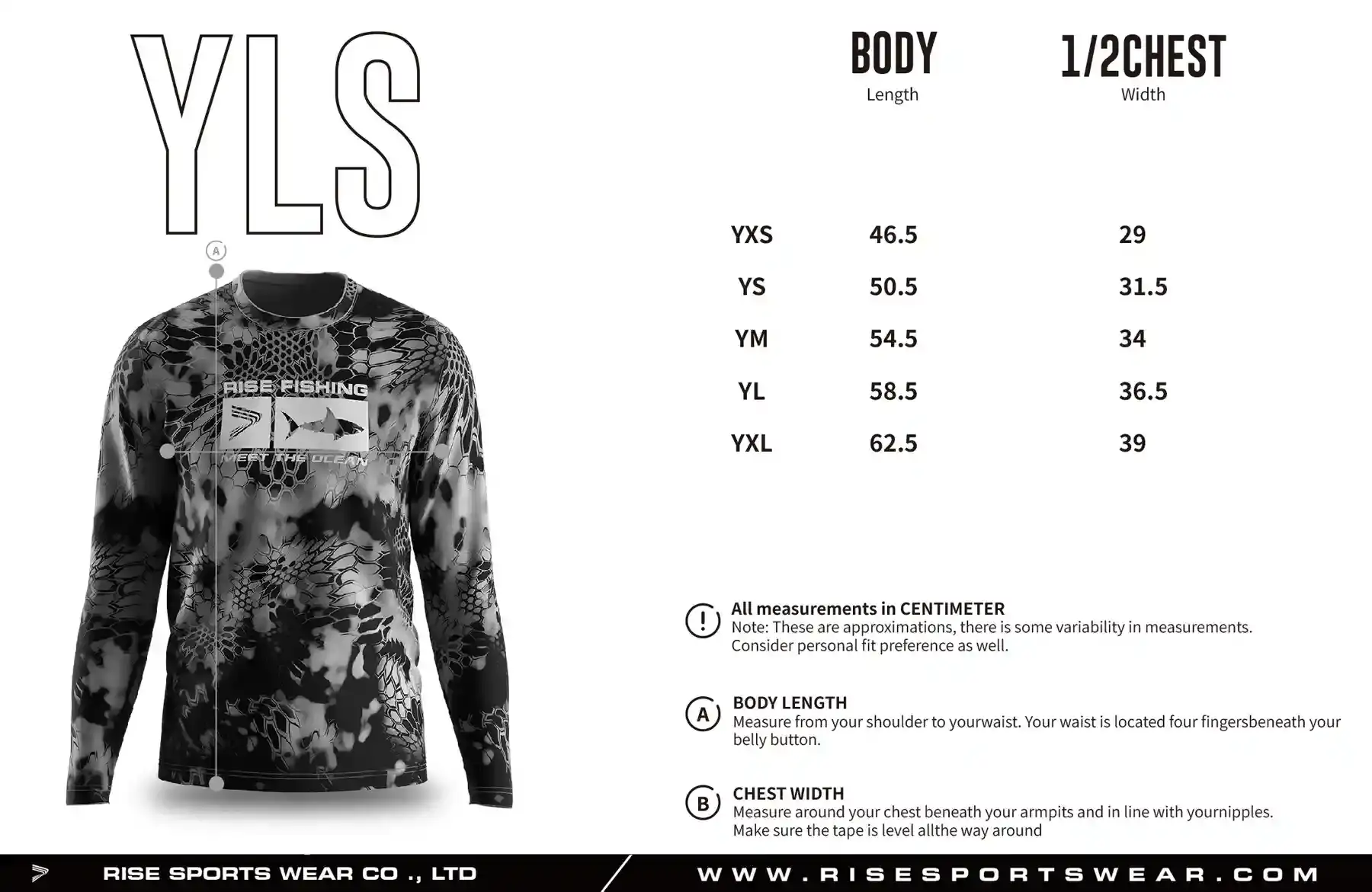 Use youth fishing long sleeve sizes chart provided by Rise Sportswear, or custom your own brand, club, team youth sizes chart for fishing long sleeve shirt.