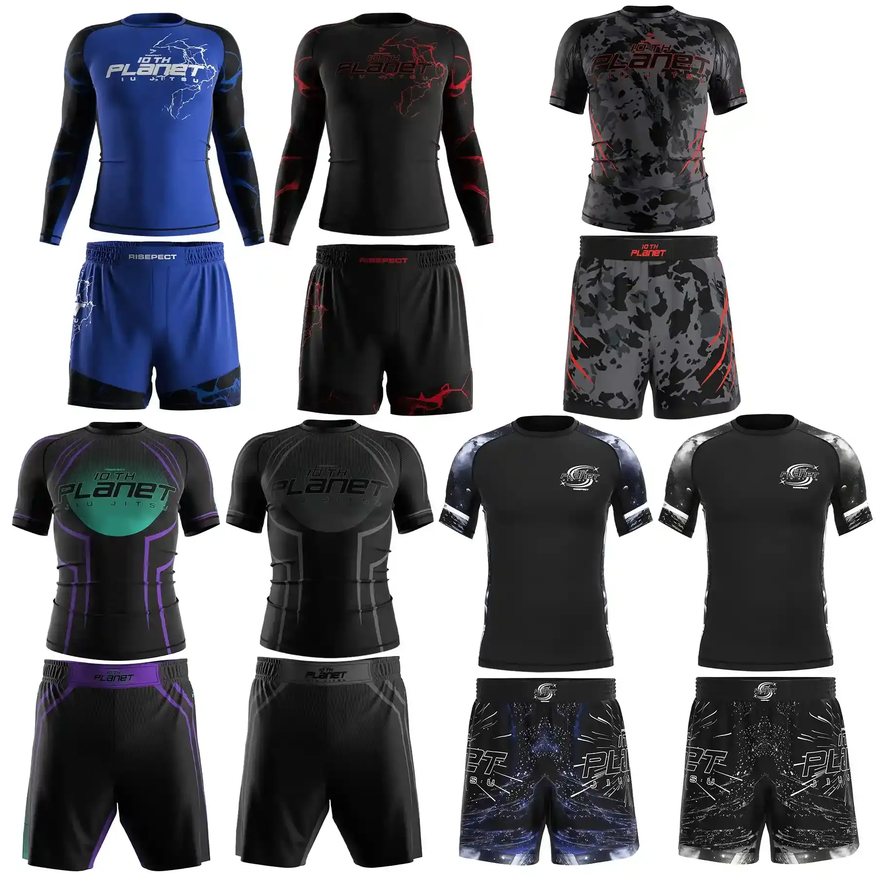 10th Planet Jiu-Jitsu Package collaboration: a 2-piece set featuring a short-sleeve rash guard and fight shorts, available in seven designs.