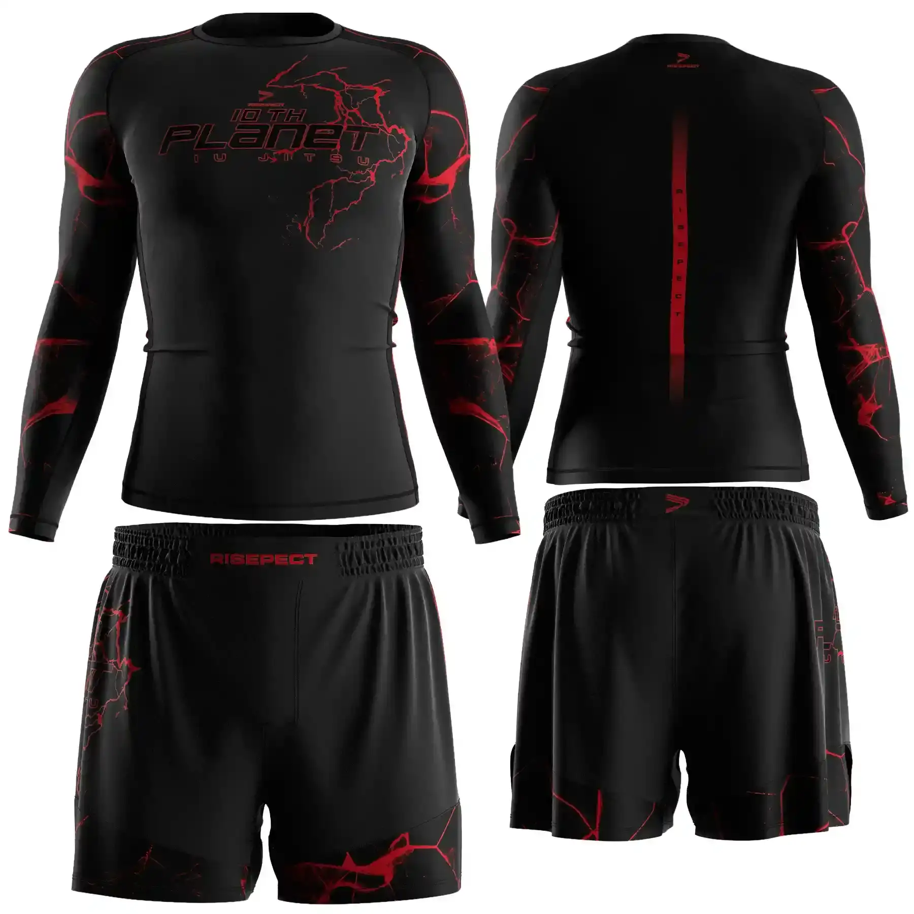 The Black Set Front & Back of 10th Planet Inspired Elite Men's MMA Rashguard Set 2-Piece