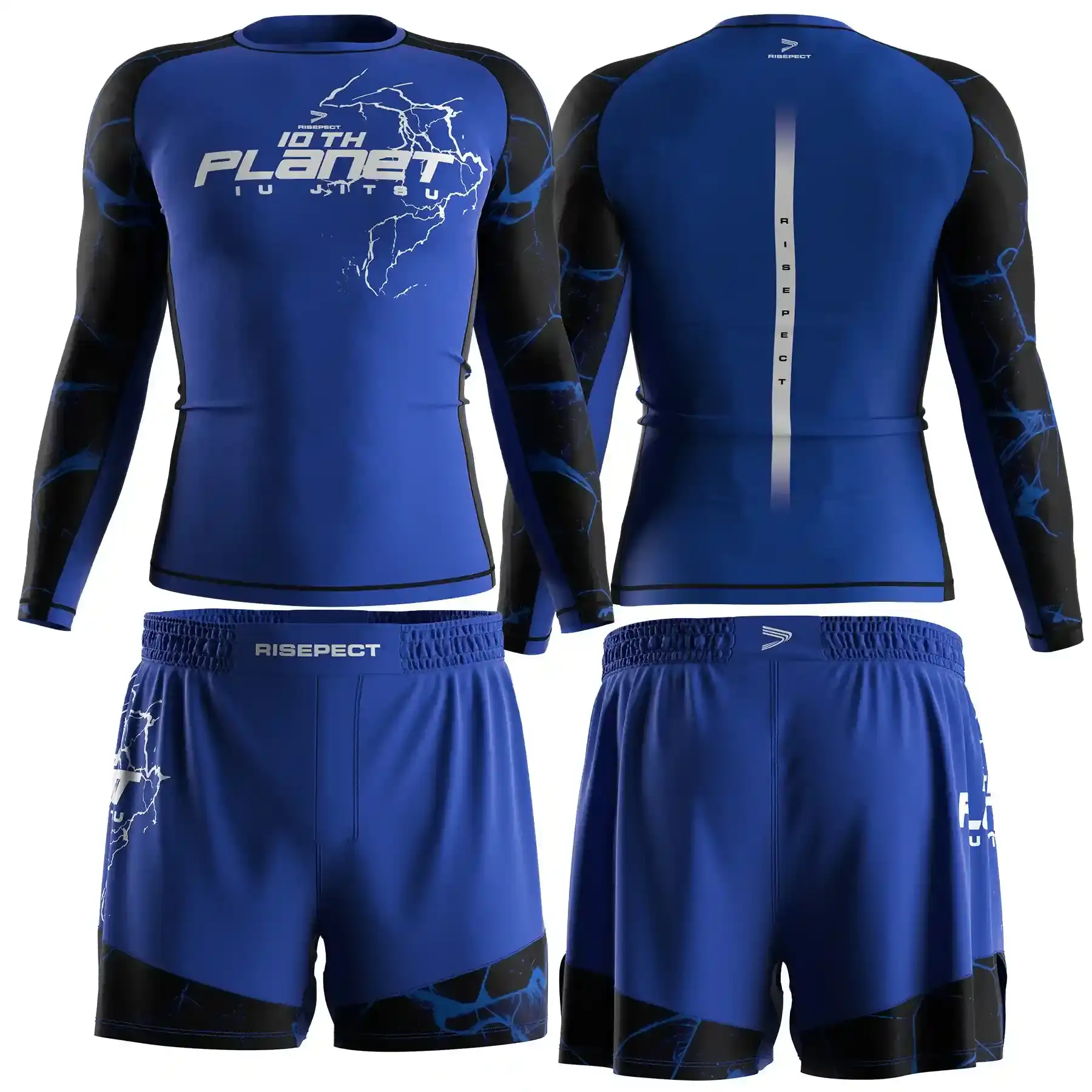The Blue Set Front & Back of 10th Planet Inspired Elite Men's MMA Rashguard Set 2-Piece