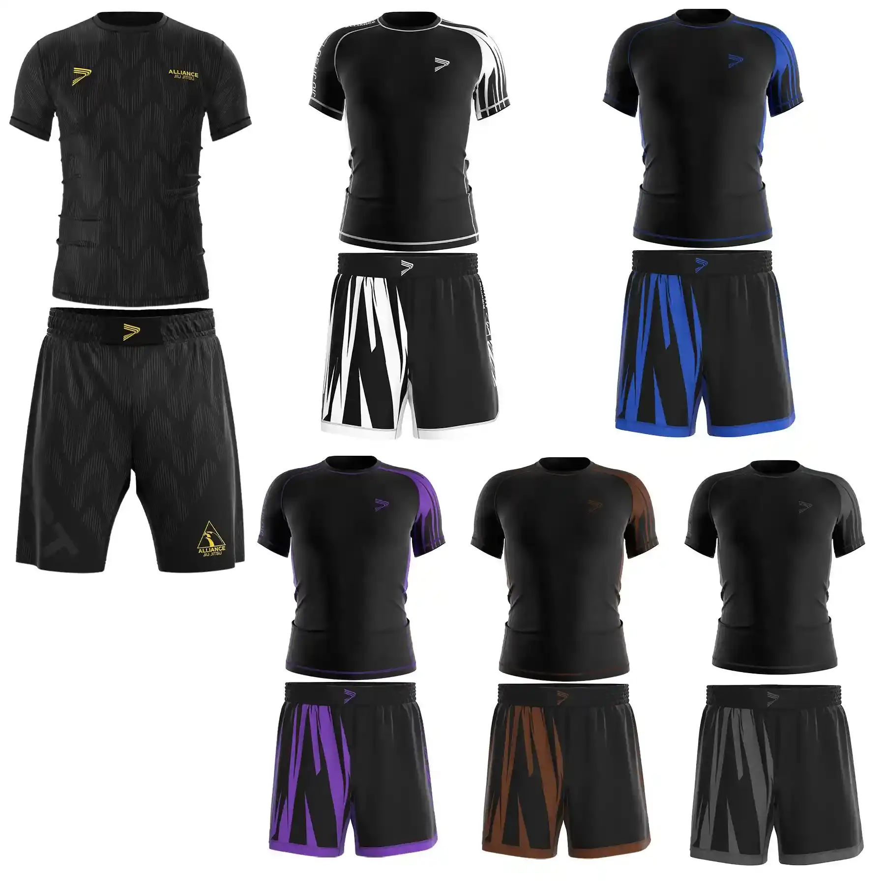 6 Alliance Jiu Jitsu Short Sleeve Rash Guard and Fight Shorts BJJ Nogi Sets