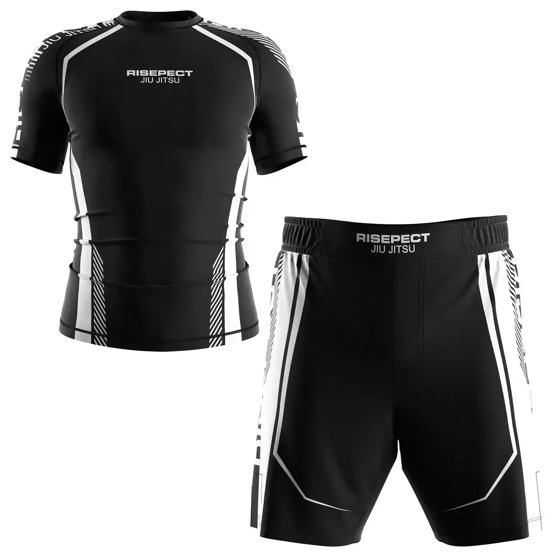 The Black-White Belt Front View of RISE Pro Edge BJJ Rashguard & Fight Shorts Set Custom Grappling Uniform