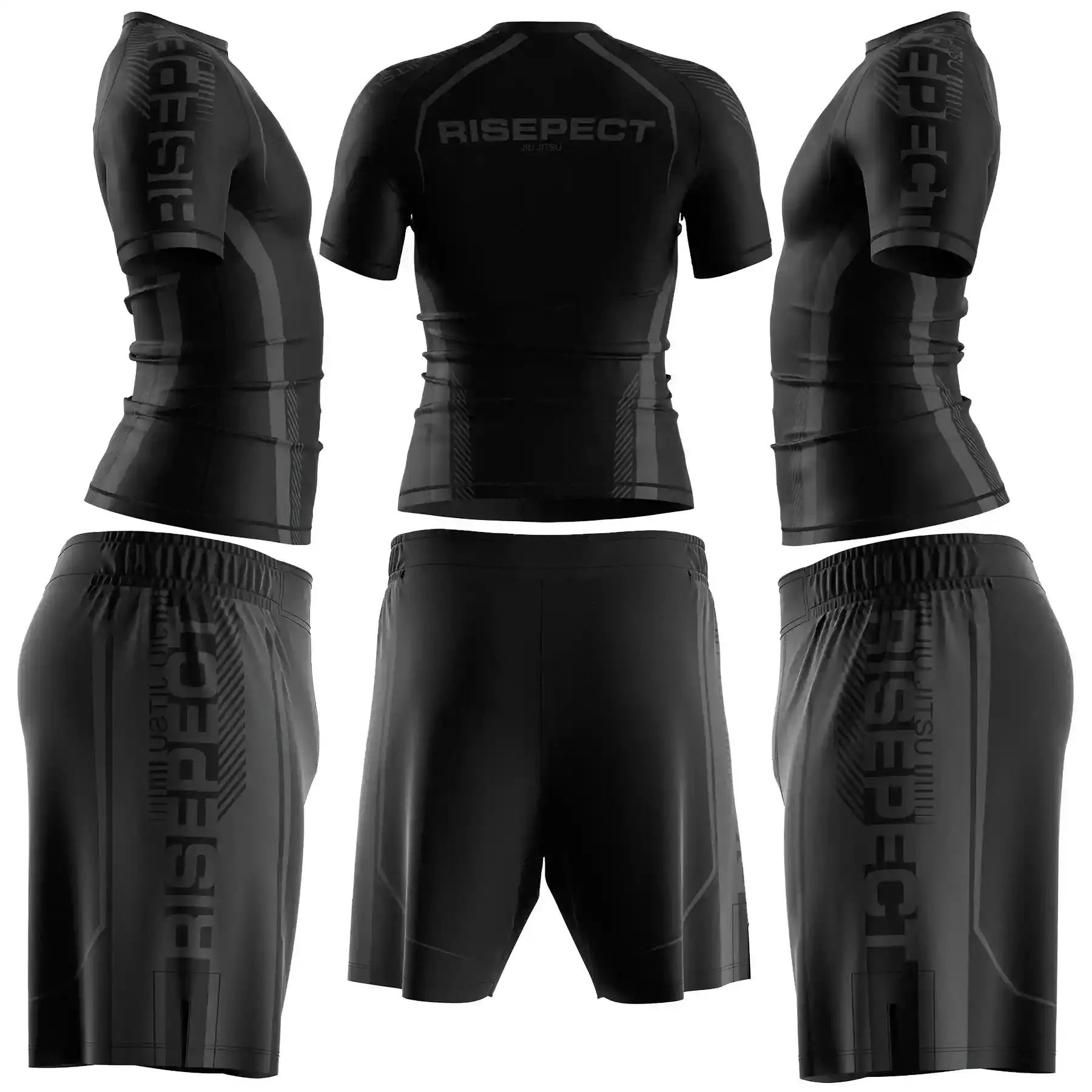 The Black-Gray Belt Side & Back View of RISE Pro Edge BJJ Rashguard & Fight Shorts Set Custom Grappling Uniform