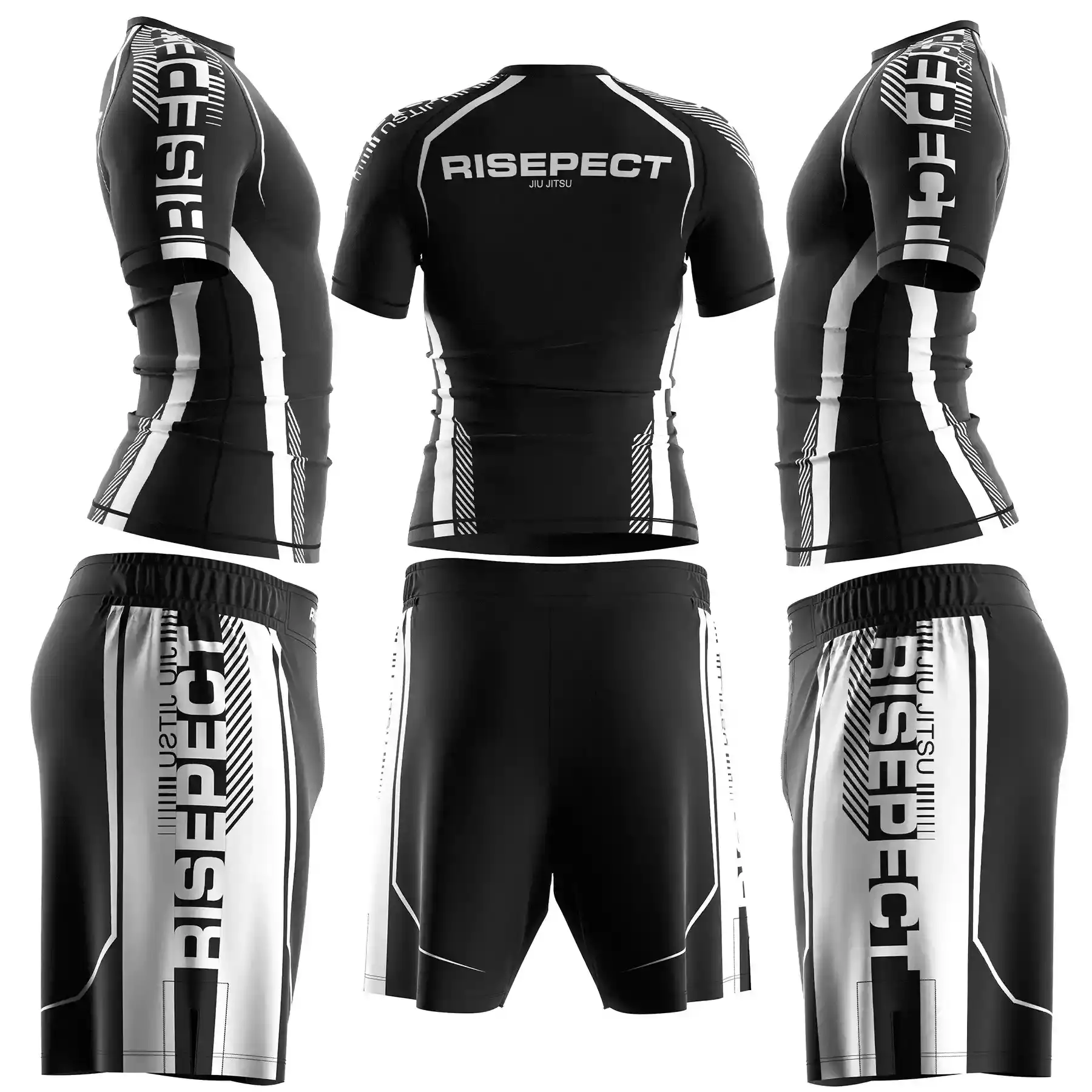 The Black-White Belt Side & Back View of RISE Pro Edge BJJ Rashguard & Fight Shorts Set Custom Grappling Uniform