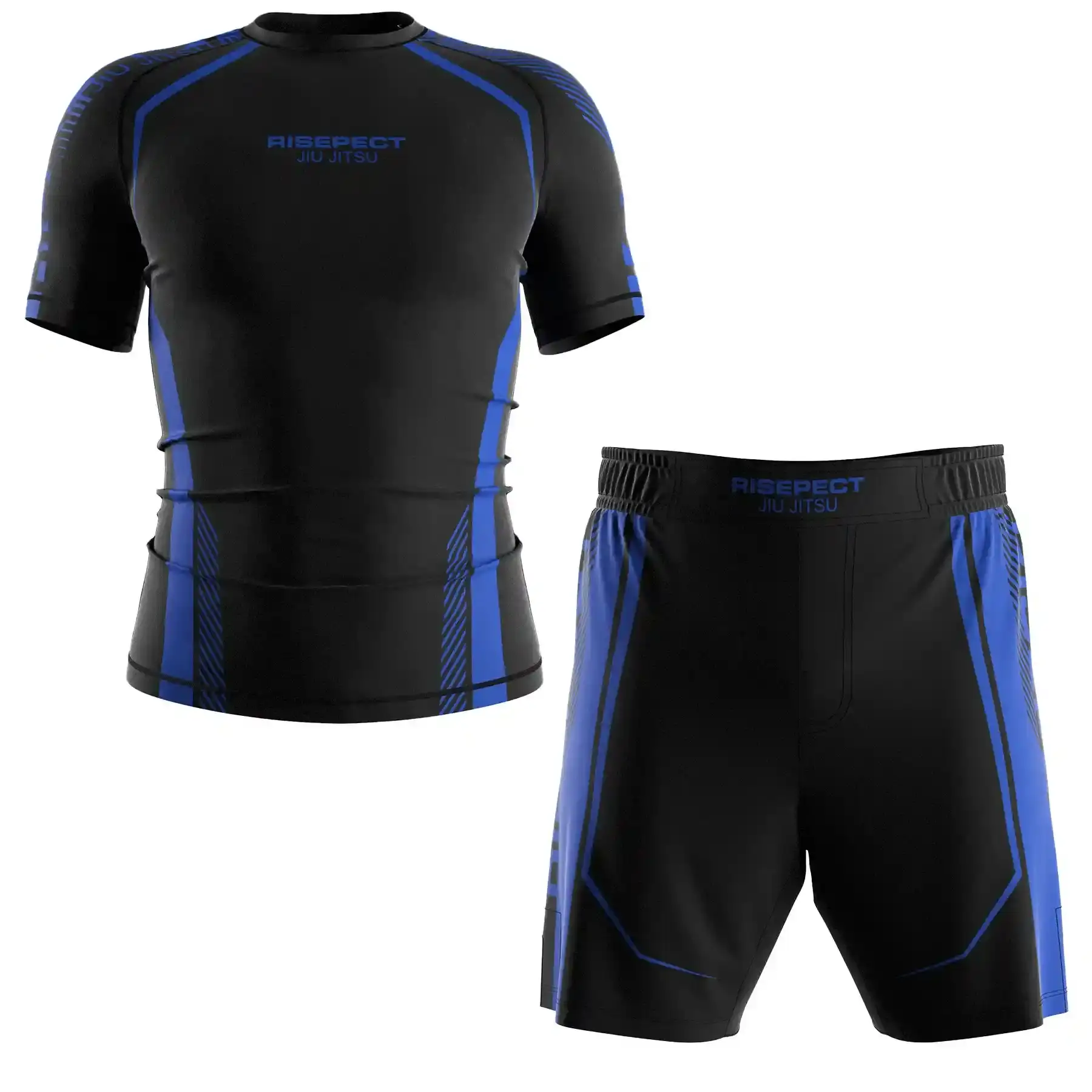 The Black-Blue Belt Front View of RISE Pro Edge BJJ Rashguard & Fight Shorts Set Custom Grappling Uniform