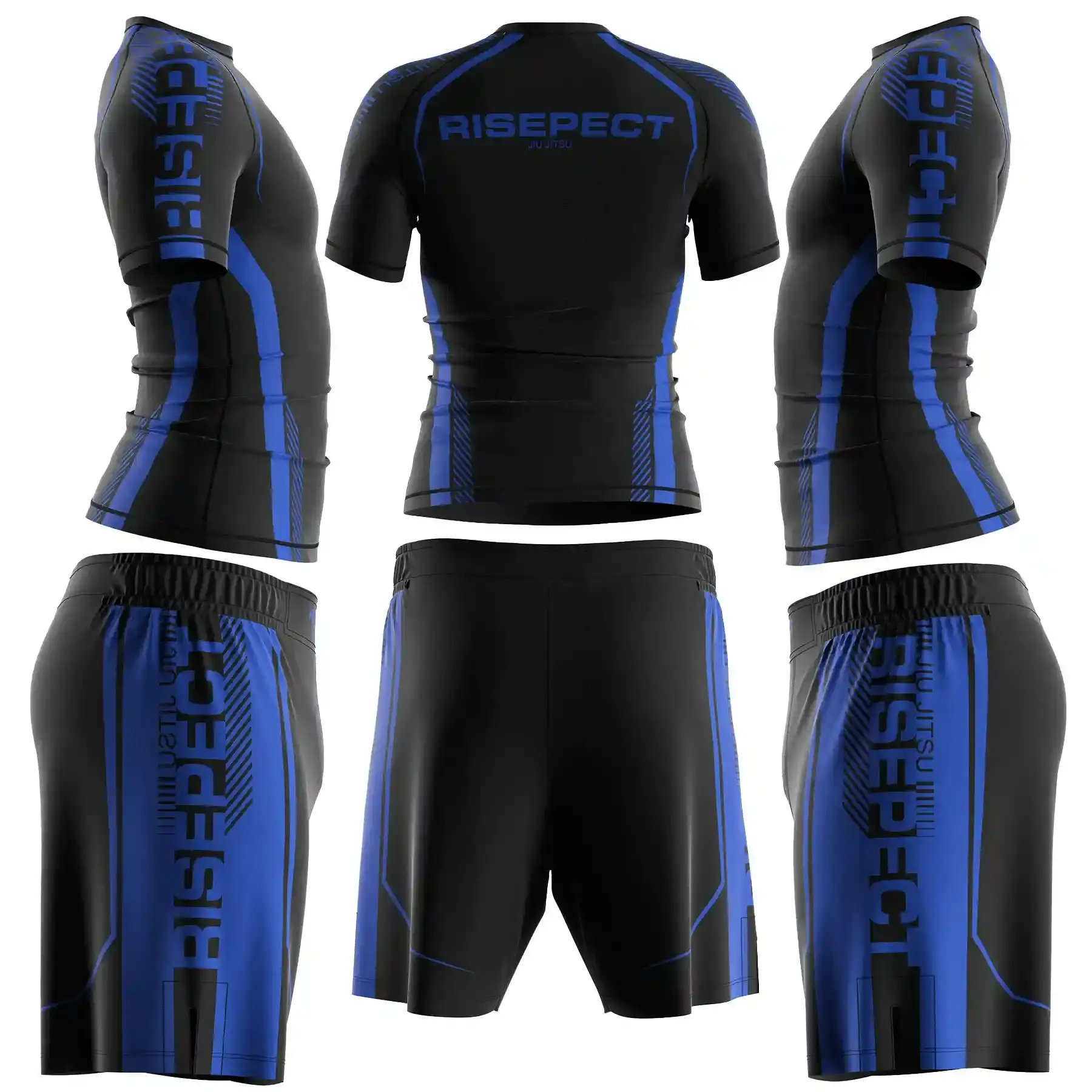 The Black-Blue Belt Side & Back View of RISE Pro Edge BJJ Rashguard & Fight Shorts Set Custom Grappling Uniform