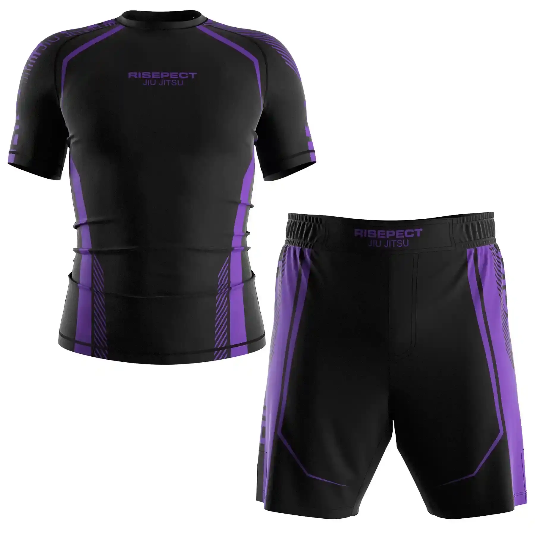 The Black-Purple Belt Front View of RISE Pro Edge BJJ Rashguard & Fight Shorts Set Custom Grappling Uniform