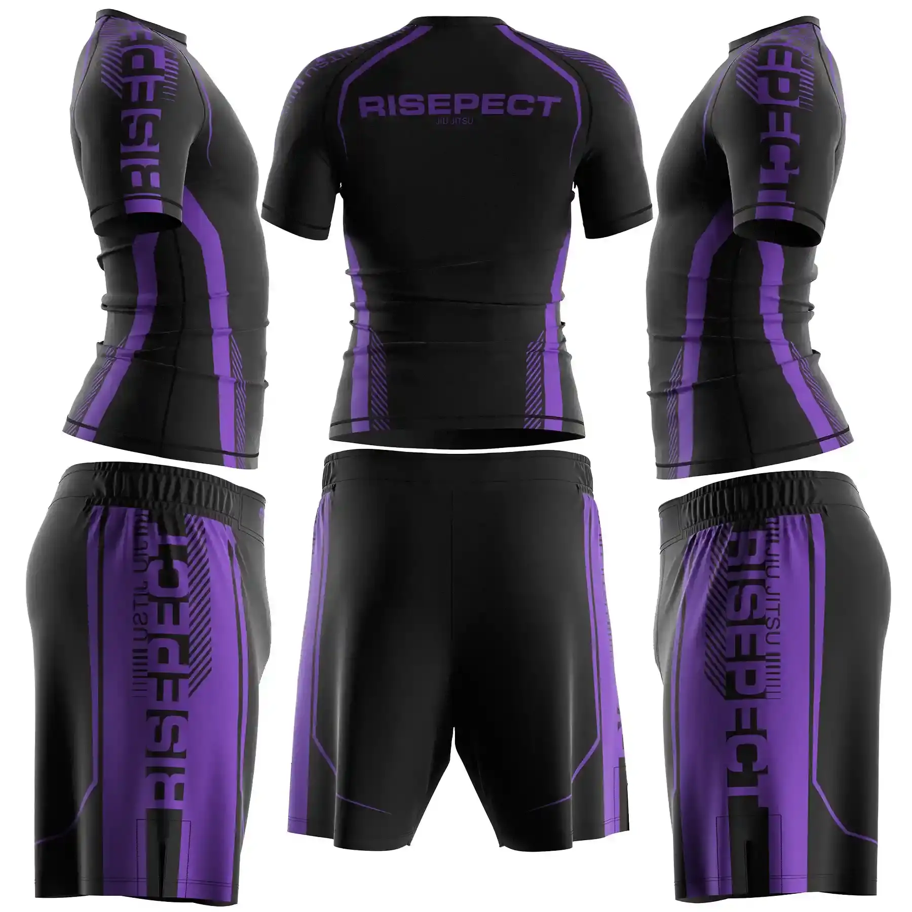 The Black-Purple Belt Side & Back View of RISE Pro Edge BJJ Rashguard & Fight Shorts Set Custom Grappling Uniform