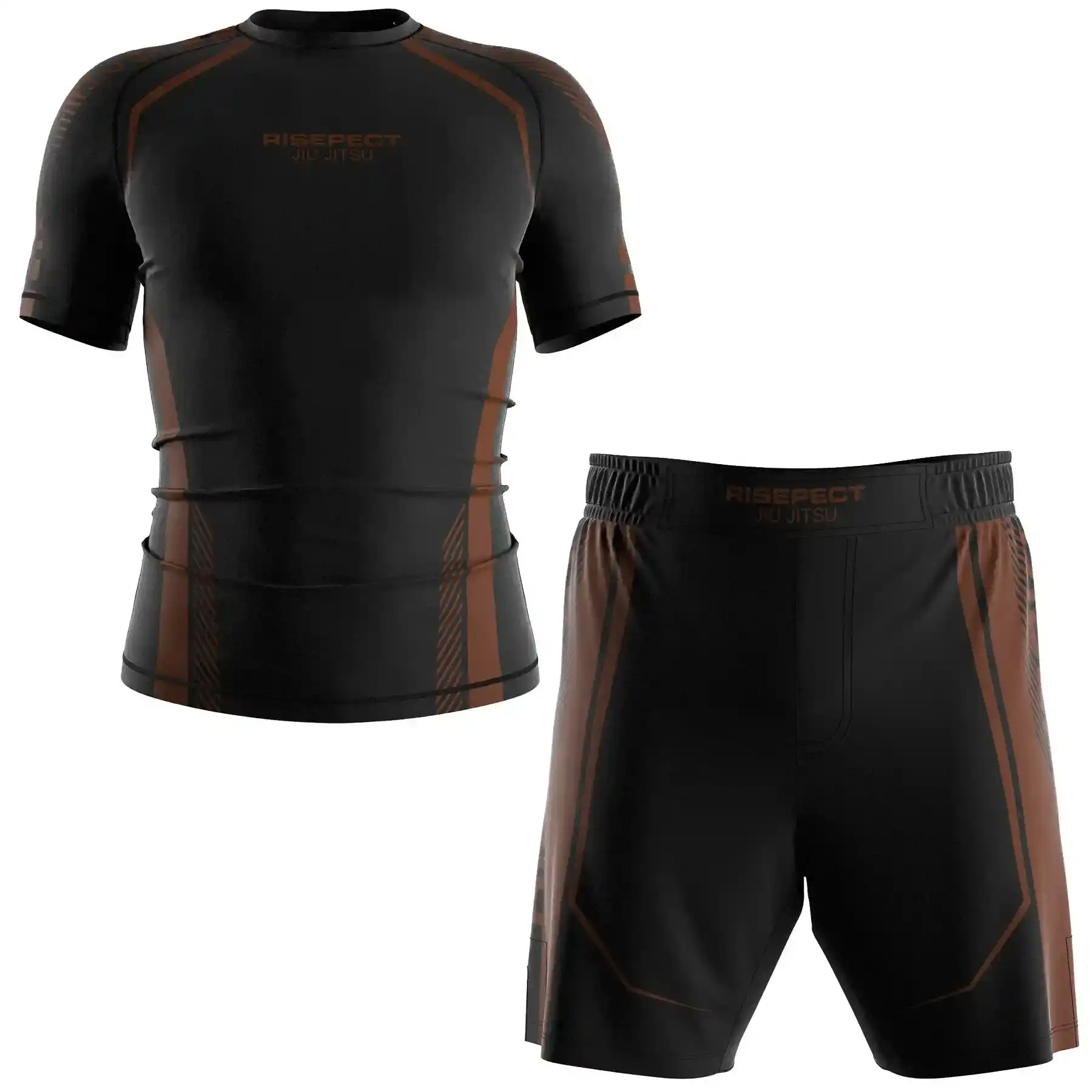 The Black-Brown Belt FrontView of RISE Pro Edge BJJ Rashguard & Fight Shorts Set Custom Grappling Uniform