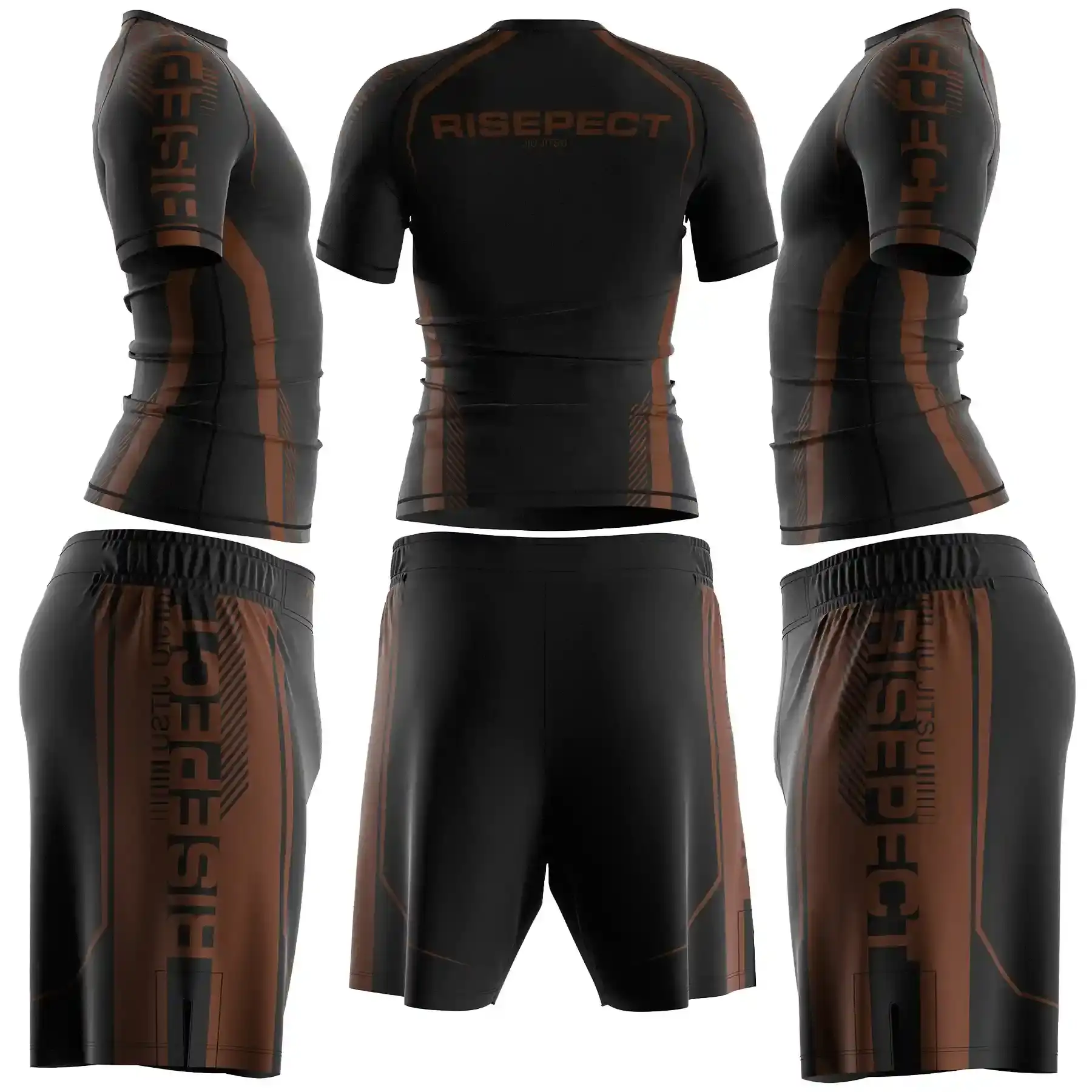 The Black-Brown Belt Side & Back View of RISE Pro Edge BJJ Rashguard & Fight Shorts Set Custom Grappling Uniform