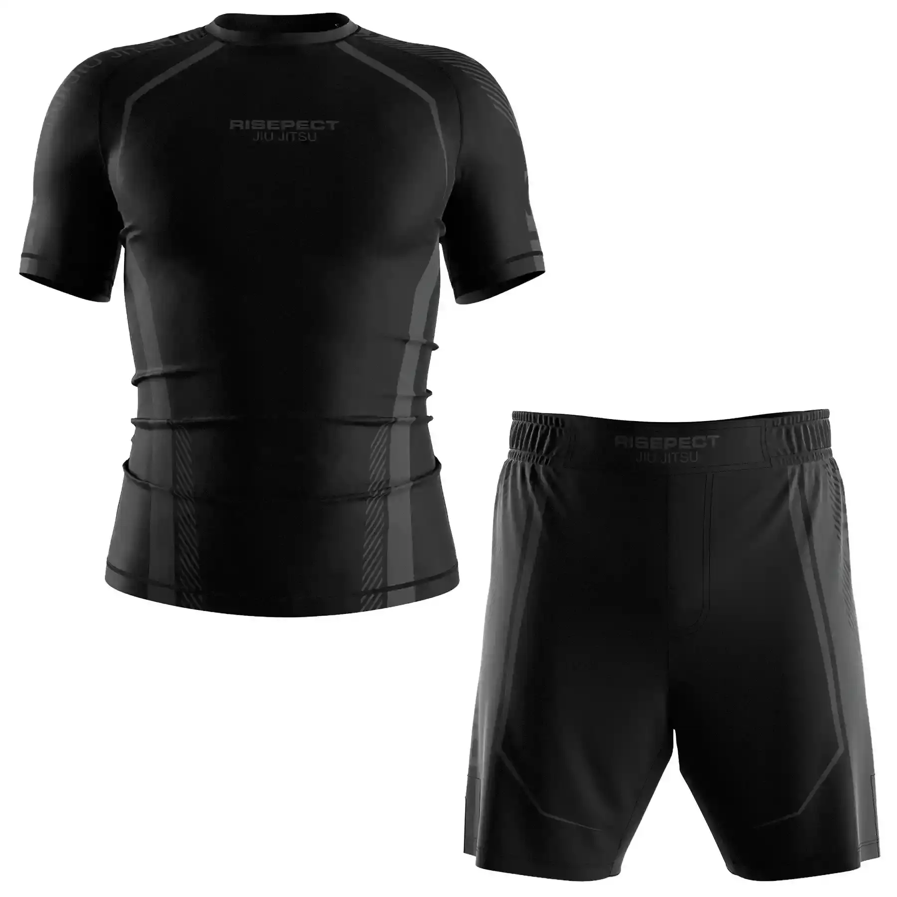 The Black-Gray Belt FrontView of RISE Pro Edge BJJ Rashguard & Fight Shorts Set Custom Grappling Uniform