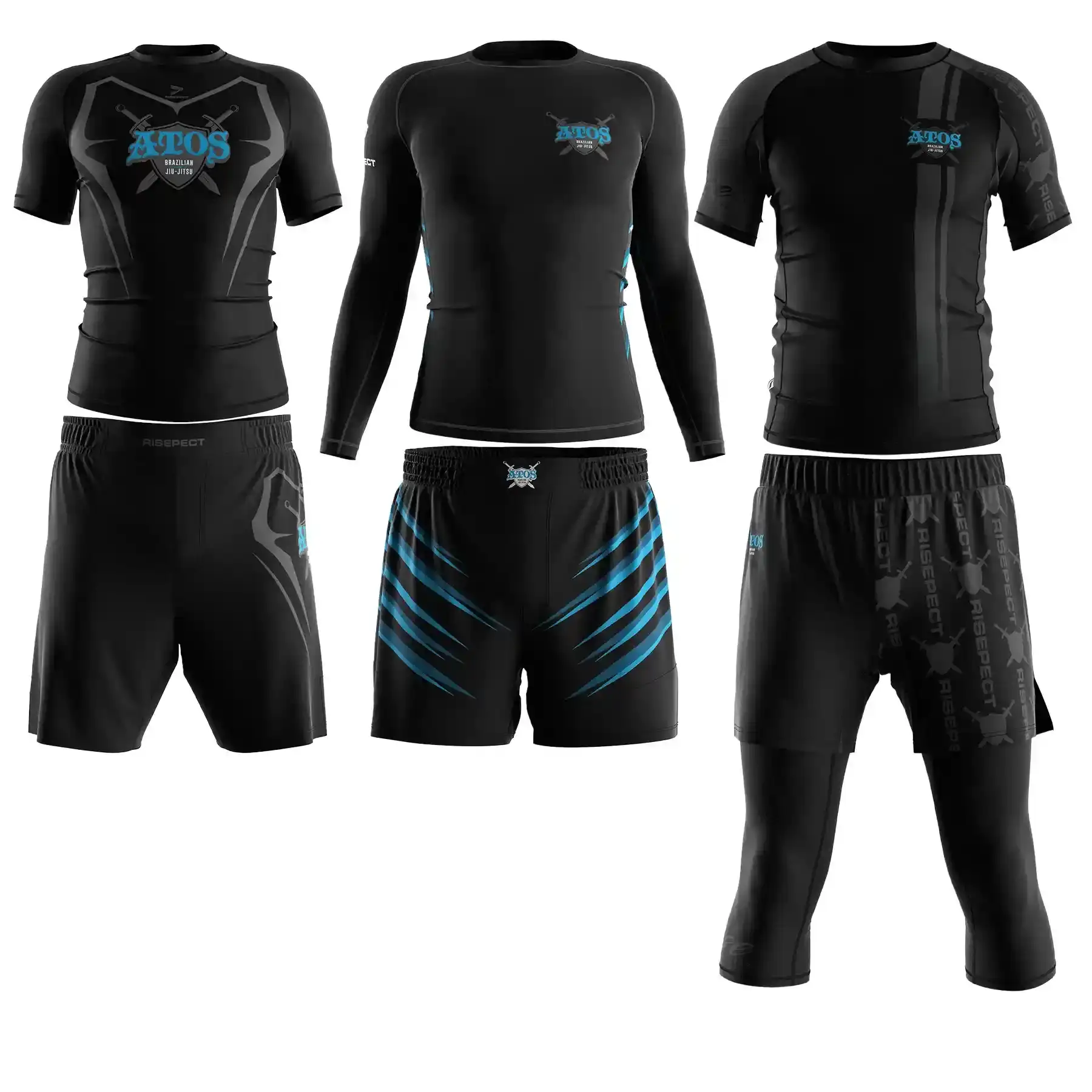 Atos jiu jitsu 3 BJJ MMA packages including short sleeve rashguard, long sleeve rashguard, fight shorts, 3/4 length 2 in 1 shorts
