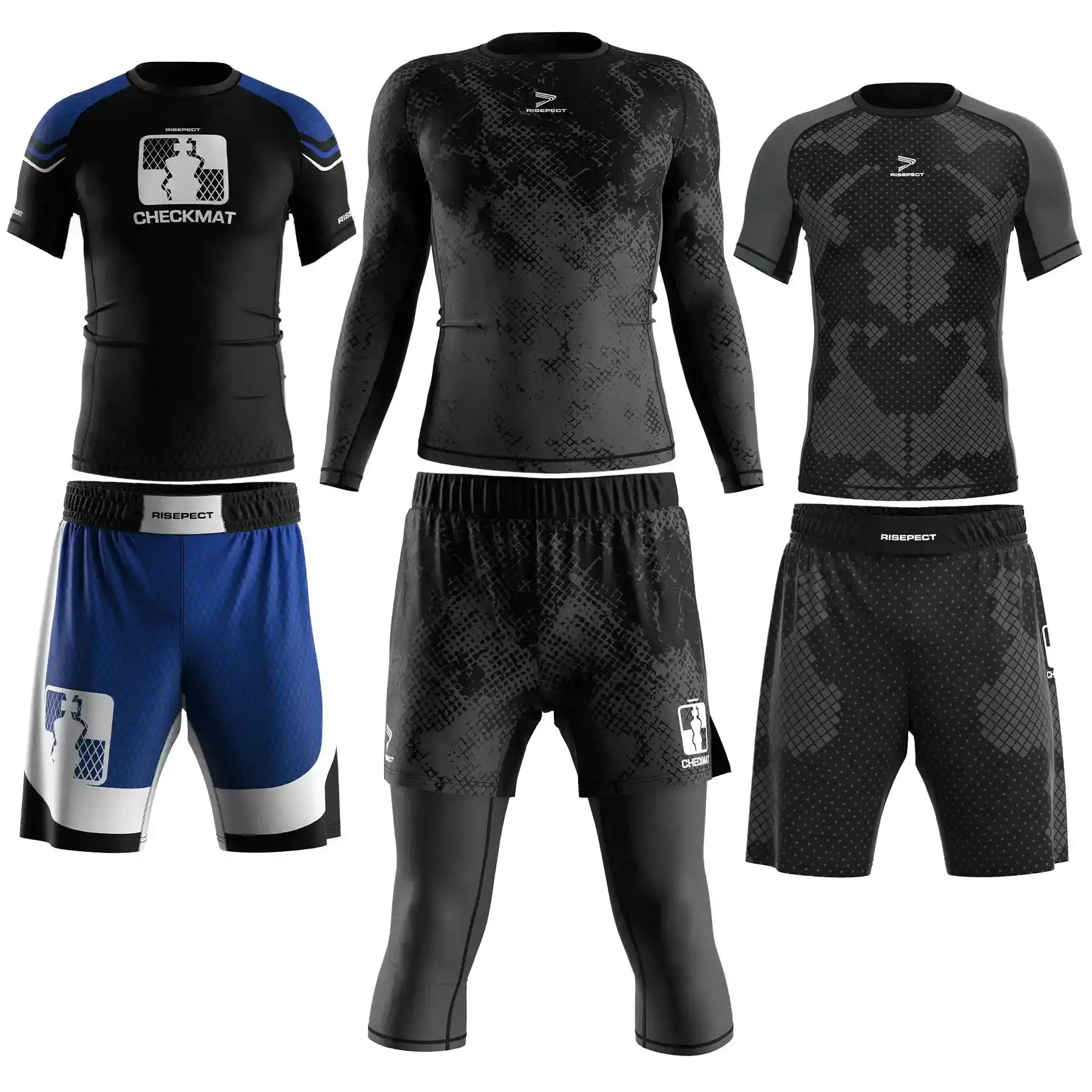 Checkmat jiujitsu sets including short sleeve rashguard, fight shorts, and 3/4 length 2 in 1 shorts