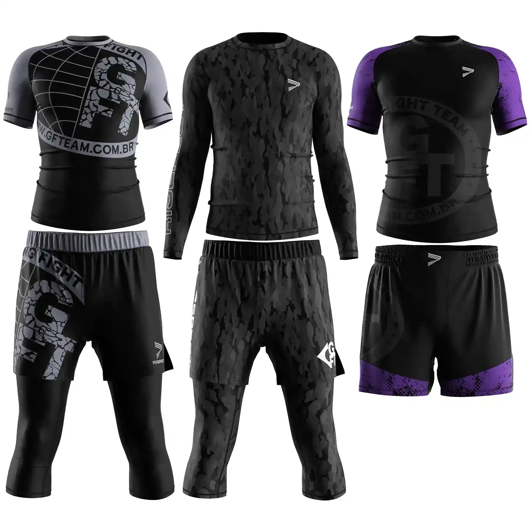 3 Grappling fight team bjj mma package including rashguard, 3/4 length double layer shorts, and fight shorts